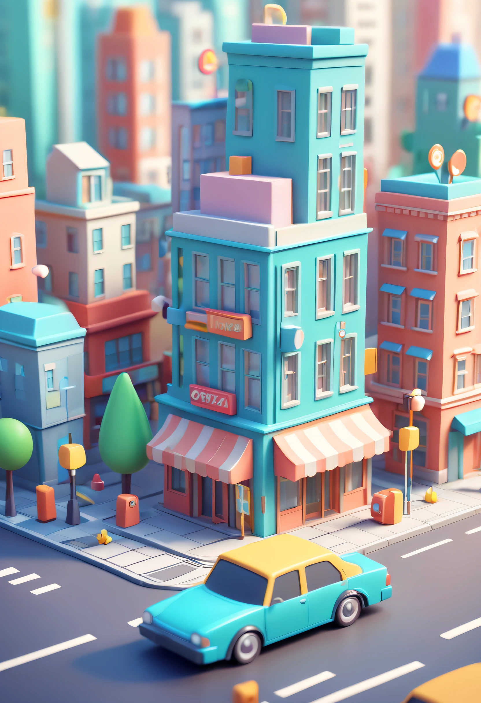 the 3d city scene includes a lowbudget building and car, in the style of playful cartoon illustrations, soft edges and blurred details, cartelcore, cute and dreamy, datamosh, animated shapes, meticulous design