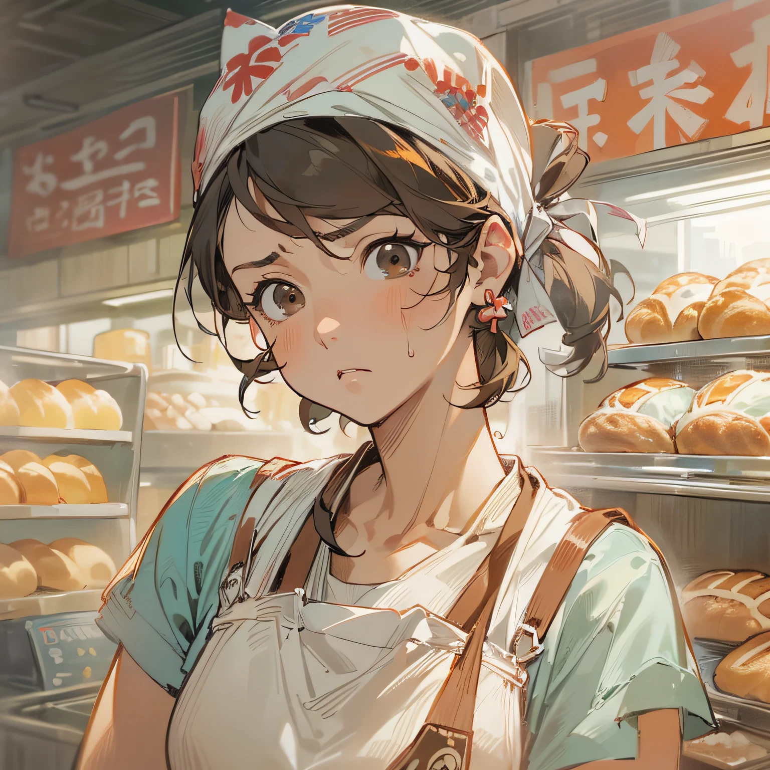masterpiece、top-quality、40-year-old brown-eyed woman、Wearing a bandana、japanese comic book、Wearing an apron、(Troubled look:1.3)、(Staring:1.5)、(Close-up of the subject's face:1.3)、Bakery in the background、Have bread、Bold composition、Upper body is shown、Alone、
