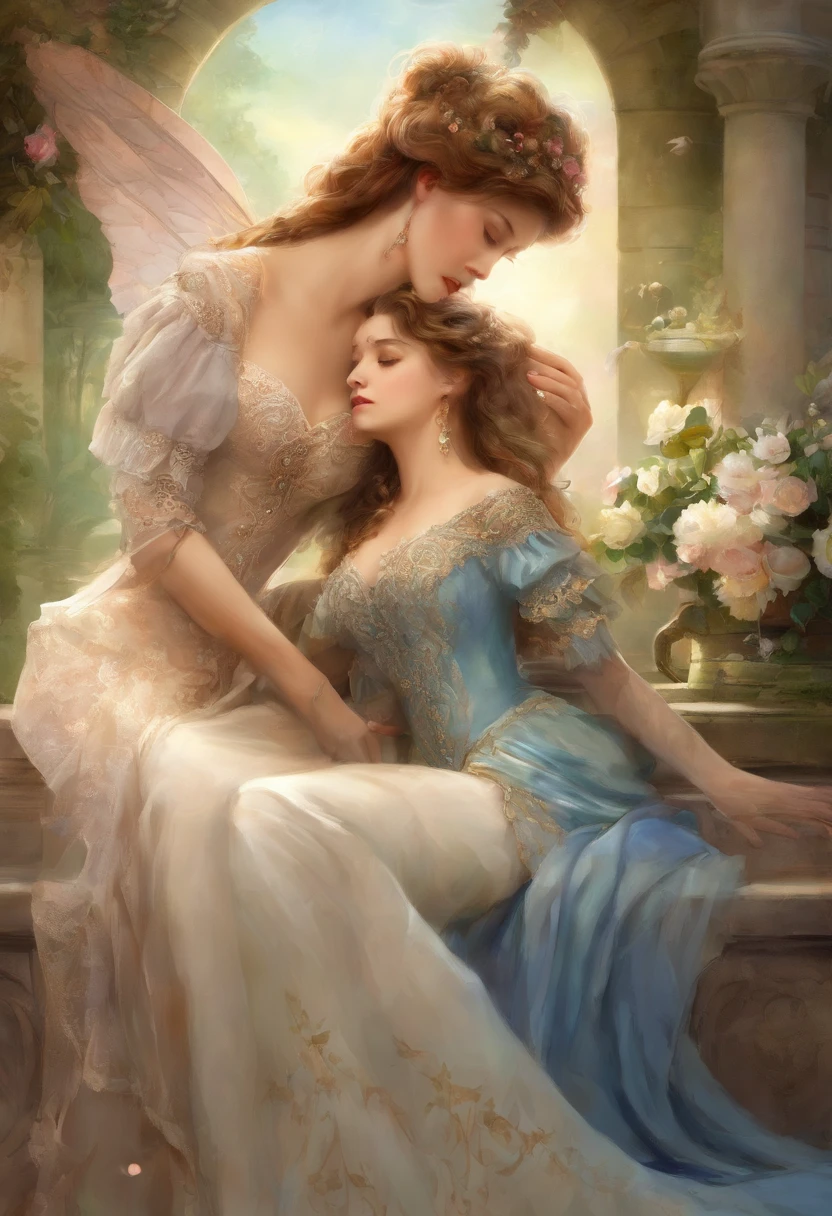 "(best quality, highres, ultra-detailed), Full body shot, 2 women in Victorian fashion passionately kissing and caressing breasts on a veranda, beautiful detailed eyes, beautiful detailed lips, long eyelashes, flowing satin gowns, intricate lace details, opulent jewelry, soft afternoon sunlight, blooming flowers, delicate porcelain tea set, antique furniture, vintage charm, intimate embrace."