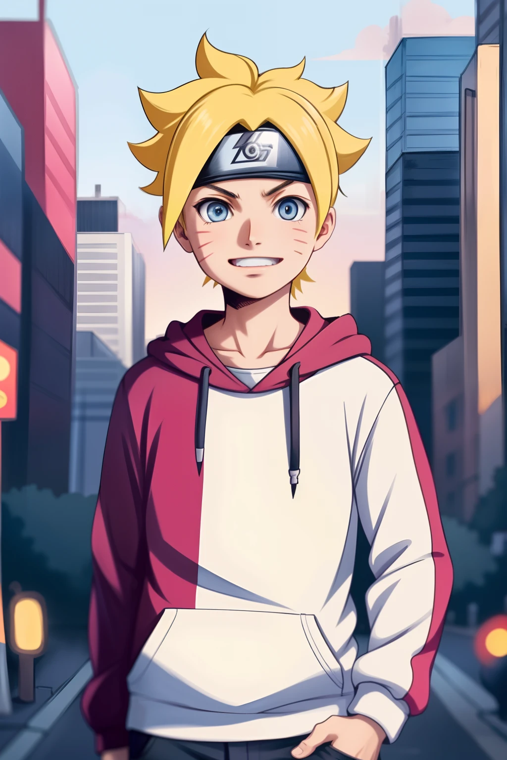 masterpiece, ultra-detailed, 1boy, male focus, upper body shot, Uzumaki Boruto wearing maroon Streetwear Hoodie, yellow hair, Blue eyes, look at viewer, happy face, vibrant colors, cityscape background, dinamic lighting, highly detailed face, stylish, urban style, cool attitude, bokeh, blurry background,