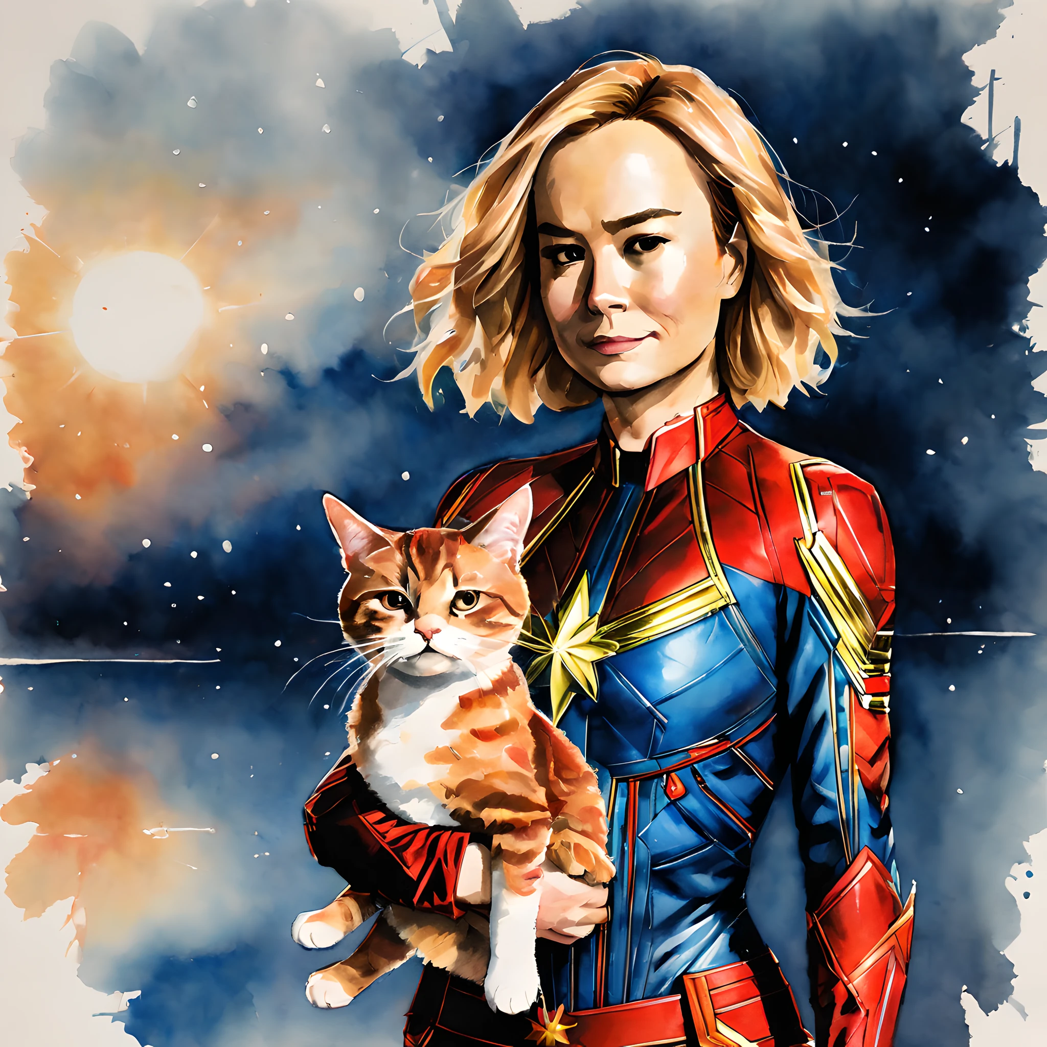 (Goose cat and Captain Marvel:1.5), (Marvel theme:1.5), (ink and watercolor painting:1.5), (Tasteful:1.5), (ink and watercolor painting:1.5), (full color:1.5), 8k, 4k, (landscapes:1.5), (standin at Universe:1.5), (captain marvel holding a cat:1.5),