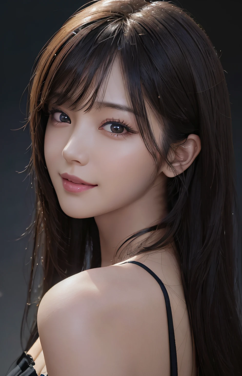 (Ultra Realistic), (Illustration), (Increased Resolution), (8K), (Extremely Detailed), (Best Illustration), (Beautiful and Detailed Eyes), (Best Quality), (Ultra Detailed), (Masterpiece ), ( wallpaper), (detailed face), solo, 1 girl, looking at viewer, fine details, detailed face, in the dark, deep shadows, low key, pureerosfaceace_v1, smiling, long hair, black shawl straight hair , 46 points oblique bangs