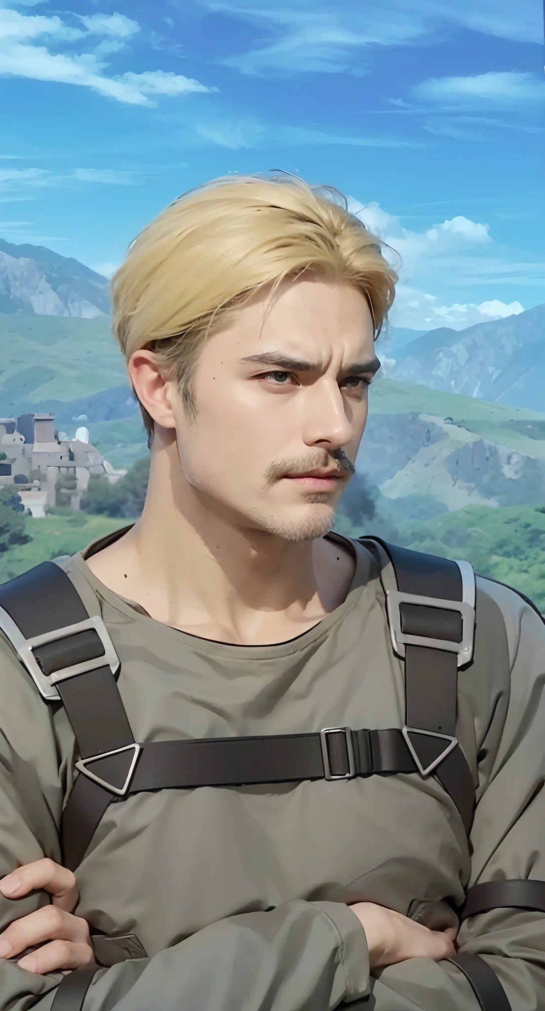 Real life adaption of this character, adult Handsome face, realistic same hair, (realistic same outfit), realistic same background battlefield with black smoke, realistic light, realistic shadow, realism, hyper realistic,(photorealistic:1.2),Thin black mustache and thin black beard, looking to viewer