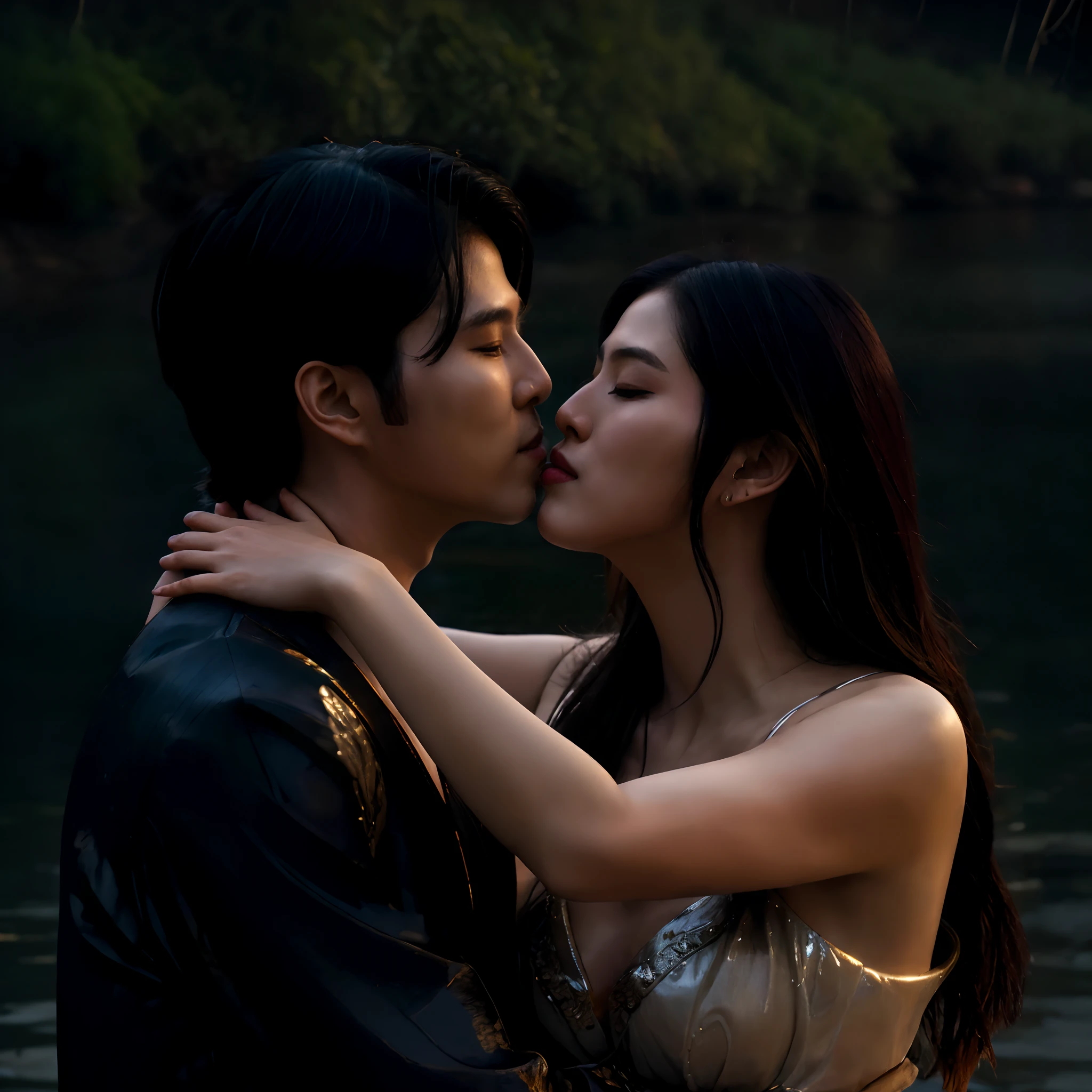 Beneath the soft glow of the moonlight, an Korean couple kisses tenderly on a traditional wooden boat floating along the serene Ganges river, the reflections on the water's surface shimmering like liquid silver, a sense of tranquility and spirituality fills the air, Sculpture, carved from marble with intricate details, capturing the ethereal beauty of the moment , cleavage