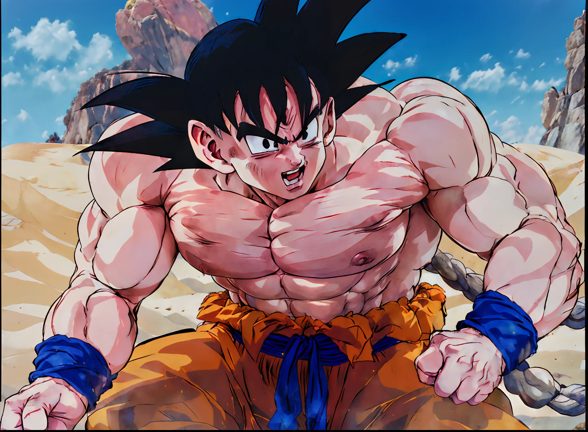 (La mejor calidad,4k,8k,Altas Resoluciones,Obra maestra:1.2),Ultra detallado,(realista,fotorrealista,fotorrealista:1.37),foto de Goku,pecho desnudo,Extremely detailed muscles, (((Un primer plano de un personaje de dibujos animados con un cuerpo musculoso muy grande, culturista, pectorales masivos, Grande , Ginecomastica, pectorales flexibles, big muscle, sistema circulatorio, solamente, Manboobs))), Son Goku, Goku de Dragon Ball Z, Goku de Dragonball Z, Goku de Dragon Ball, Goku, Goku humano, , Dragon Ball Z, dragonball