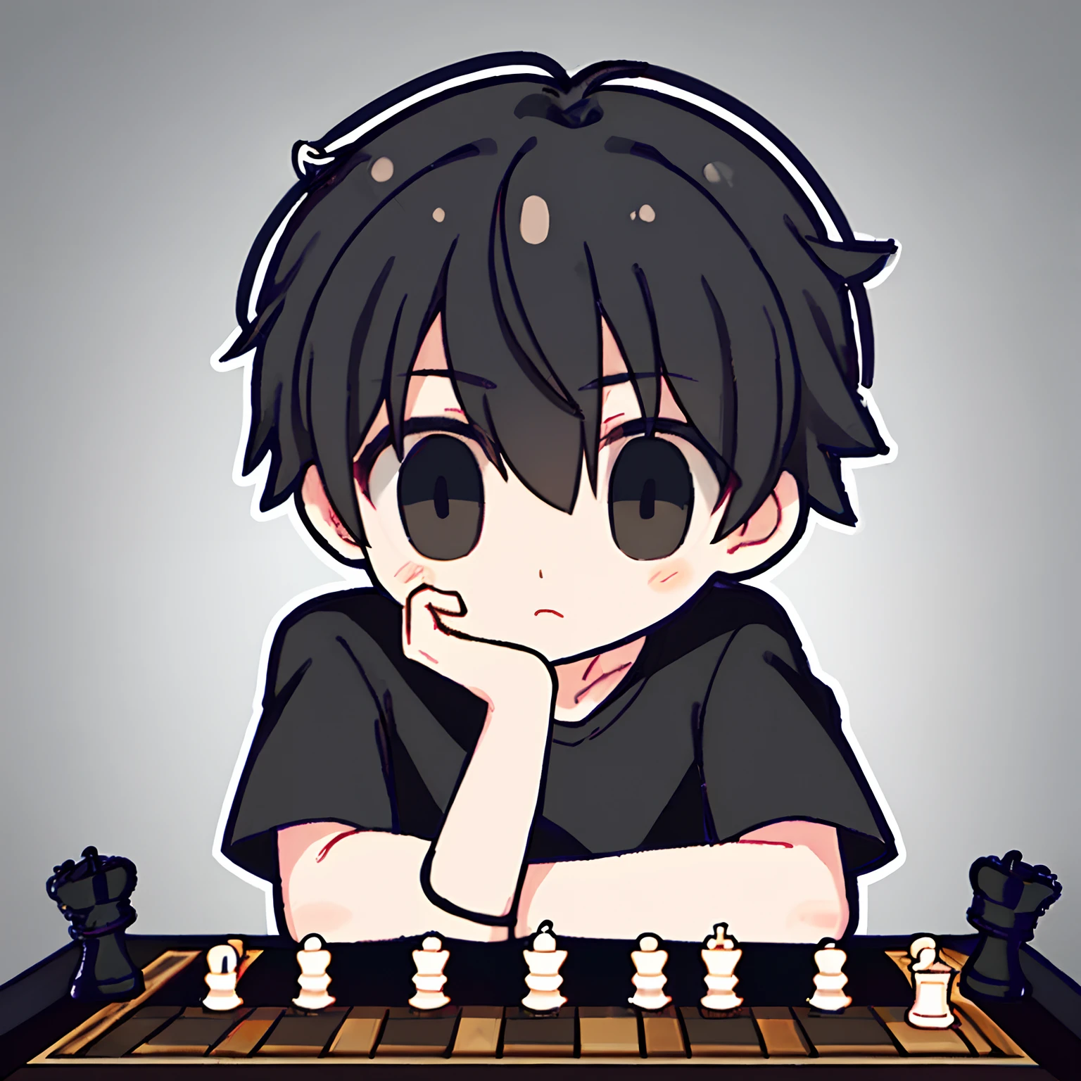 A boy,black T-shirt with nothing on it,black hair, playing chess,white background
