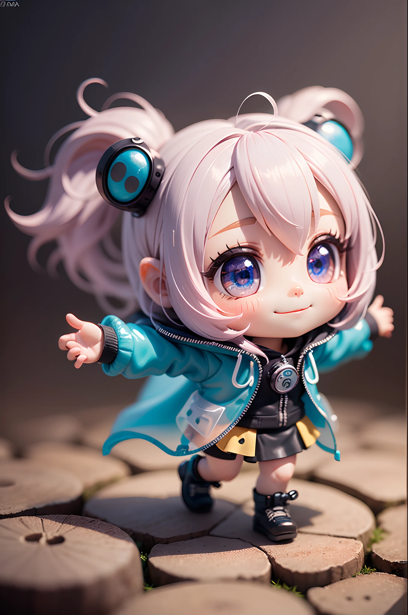 Blind Box Style girl fullbody, chibi, Super cute girl, , smile, bear translucent raincoat, blind box, bubble matt design exaggerated pressure and movement, bright light,exaggerated pressure and action, bright lights, clay materials, precision mechanical parts, shut upintensity, 3d, super detailed, C4D, Octane rating rendering, bear, mixer, 8K, --auto --s2