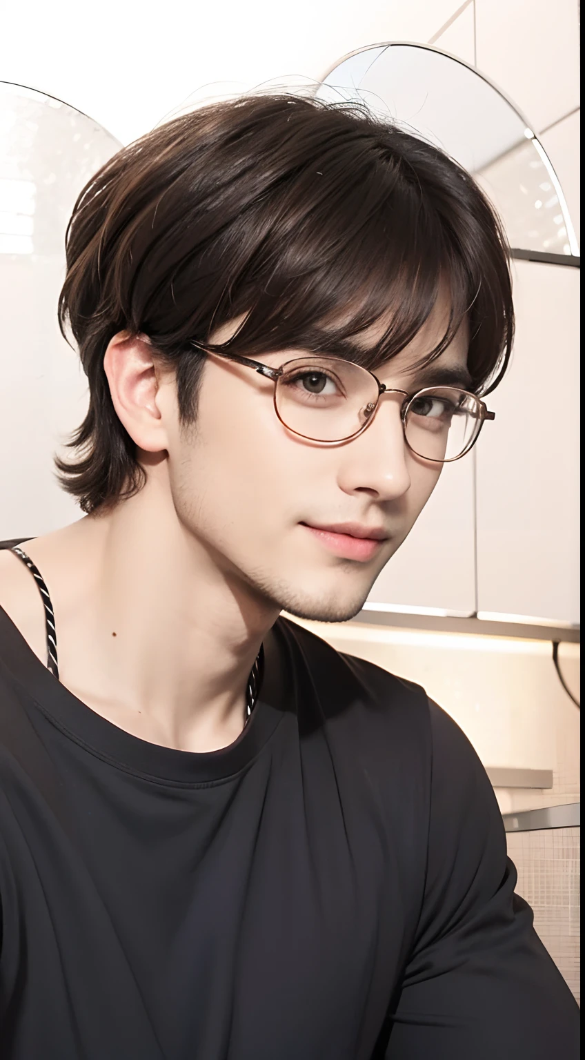 A realistic brown haired man,Exactly the same hairstyle, realistic handsome face, exactly the same face shape,Realistic thin smiling expression, exact same glasses,Realistic glasses, realistic black t-shirts, realistic light, realistic shadows, realistic backgrounds,Still young, 25 years old