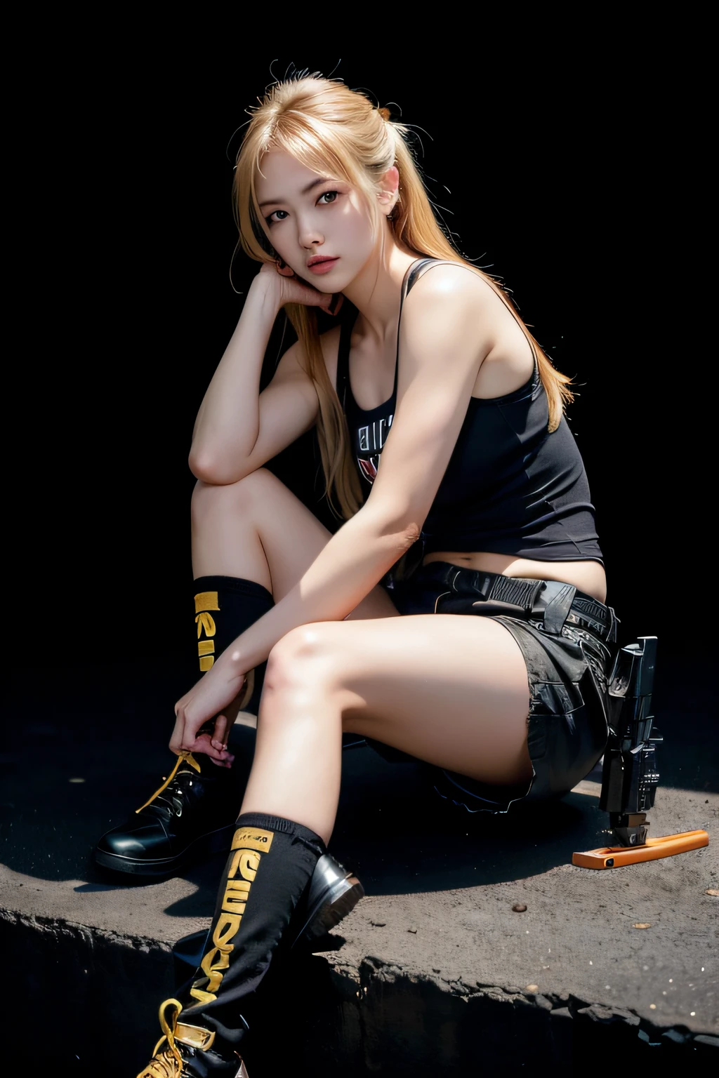 Best Quality,masutepiece,超A high resolution,(Photorealistic:1.4)1girl in,Black background,Solo,Blood,arm guards,Simple background,female focus,Looking at Viewer,Black eyes,tabi,floating hairfull body,, (gun:1.3), holding gun, Dirty Blonde,,Upper body,Cargo Shorts,Sitting,