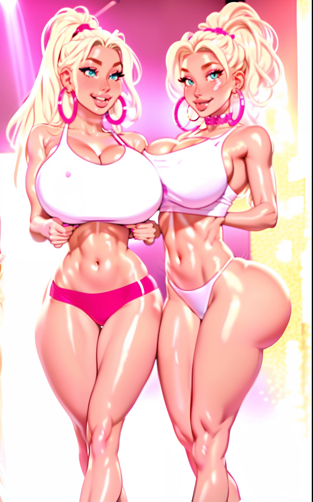 this is perfect, they should both be topless, add tan lines, messy hair, slightly more curvy, thick, mother and daughter, giant hoop earrings