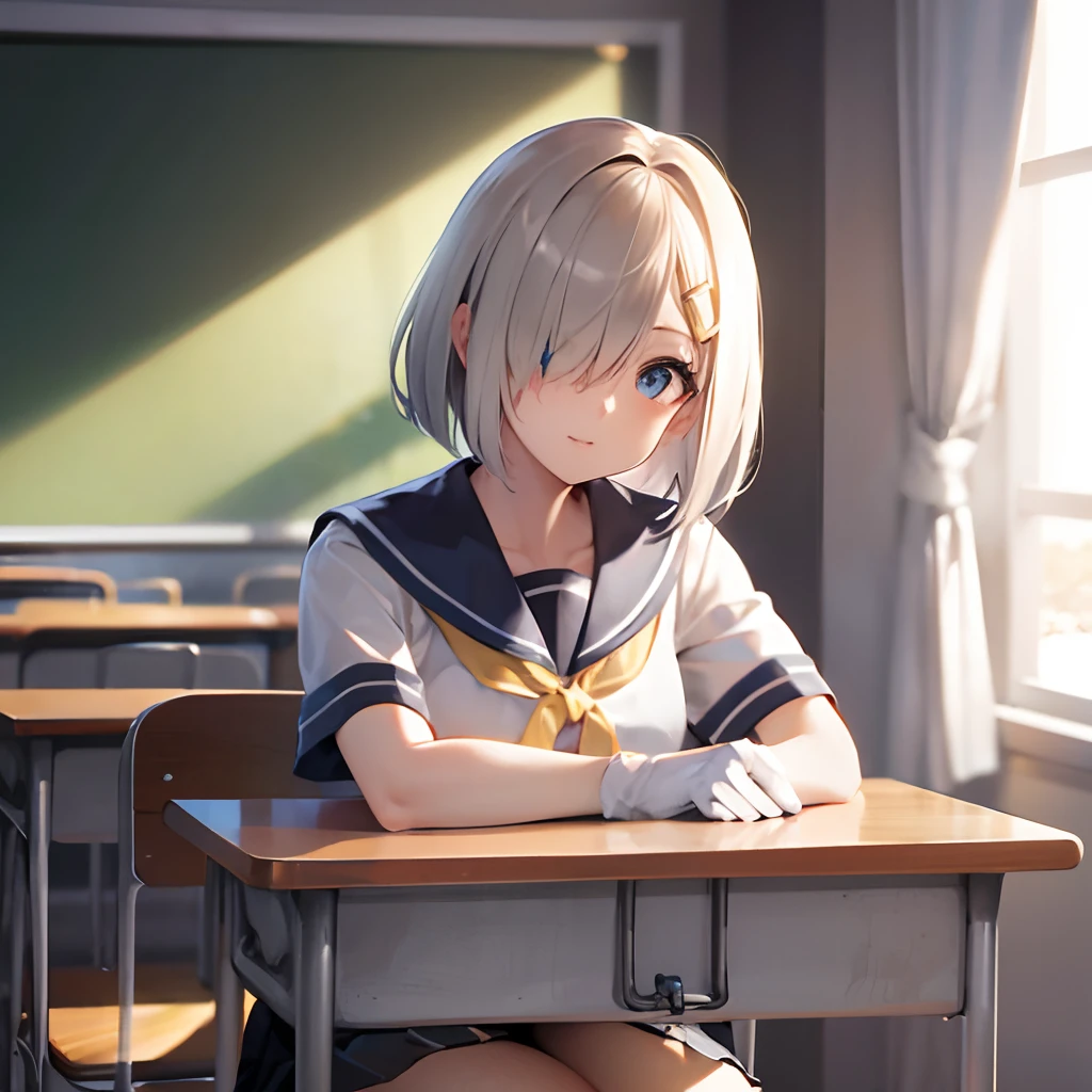 hamakaze, hamakaze, blue eyes, grey hair, hair ornament, hair over one eye, hairclip, short hair, short hair, BREAK black pantyhose, buttons, gloves, grey sailor collar, grey skirt, hairclip, neckerchief, pantyhose, pleated skirt, sailor collar, school uniform, serafuku, skirt, white gloves, yellow neckerchief, BREAK looking at viewer, BREAK indoors, classroom, BREAK (masterpiece:1.2), best quality, high resolution, unity 8k wallpaper, (illustration:0.8), (beautiful detailed eyes:1.6), extremely detailed face, perfect lighting, extremely detailed CG, (perfect hands, perfect anatomy),