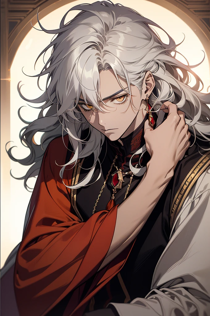 (((1male))), (Highest quality), Official Art Illustration, solo, antique handsome guy, handsome, asymmetrical hairstyle, eyes with no reflection, Shura, fov, f/1.8, masterpiece, night, side light, moonlight on people, 8K, hazy, ((cute late-teen guy)), (young age), (light brown European skin). (masterpiece), (young looking), detailed face, cosy vibe, close-up photography, wearing a giant red gemstone pendant, wearing a simple white silk robe, full sleeve white robe, royal white robe, minimal cinematic closeup photography of a teenage young guy squinting his eyes while staring at the viewer, cold eyes, volumetric lighting, dynamic lighting, raytracing, RTX, (full-white hair), wavy and curly hair, droopy eyelids, a bored and tired expression, cold expression, (red-orange-yellow crystal eyes), hyperrealistic lighting, (dramatic lighting), long hair, smooth details, ((long spiky and curly and wavy hair)), white eyebrows, while eyelashes, wearing rhombus shaped ruby male earrings, headshot photography, (head focused in the image), masculine cold eyes, (head and body tilted straight forward and towards the viewer), ((artistic pose)), condescending, lean body, in a castle, medieval fantasy