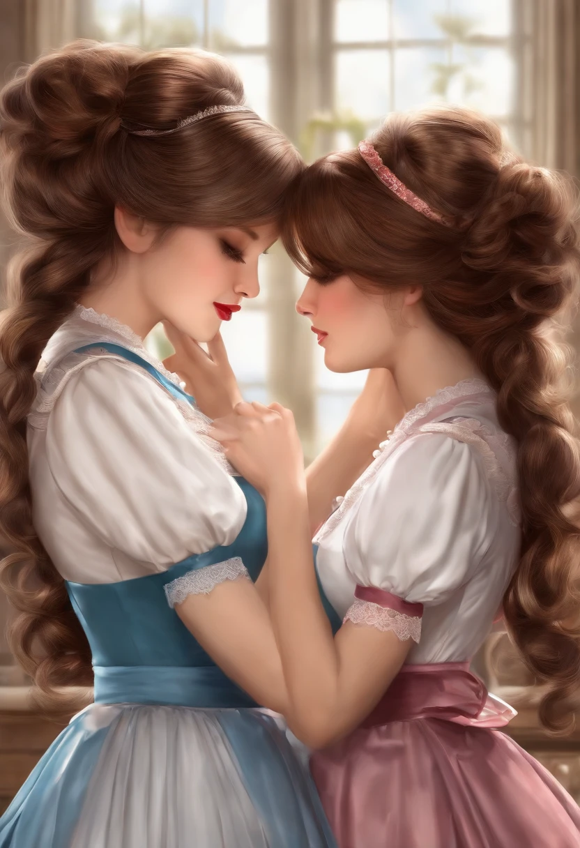 girls maid loving each other, about to kiss, realistic