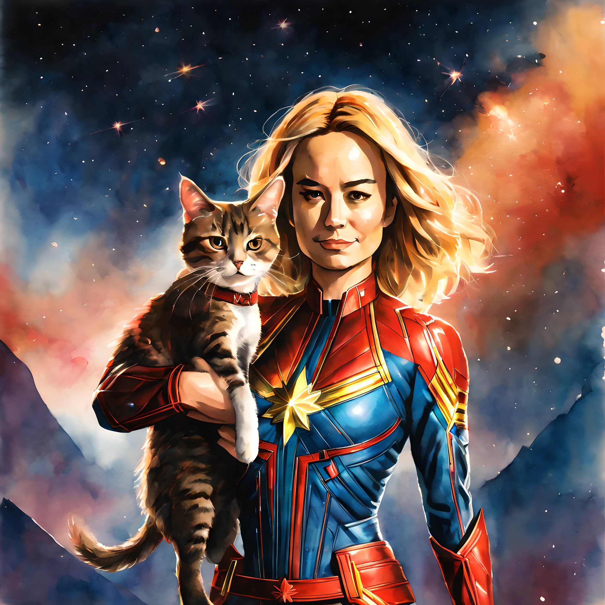 (Goose cat and Captain Marvel:1.5), (Marvel theme:1.5), (ink and watercolor painting:1.5), (Tasteful:1.5), (ink and watercolor painting:1.5), (full color:1.5), 8k, 4k, (landscapes:1.5), (standin at Universe:1.5), (captain marvel holding a cat:1.5),(universe:1.5), (space:1.5),