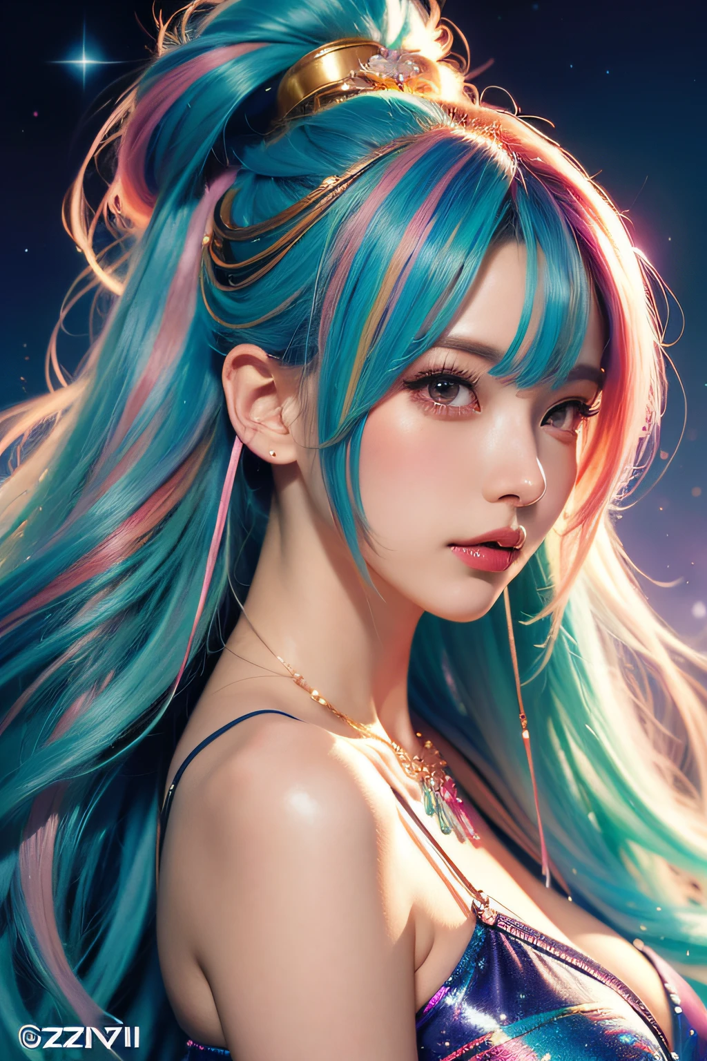 Close-up of a woman with colorful hair and necklace, anime girl with cosmic hair, Rossdraws soft vibrancy, Gouviz style artwork, Fantasy Art Style, Colorful], vibrant fantasy style, Rossdraws cartoon full of vitality, cosmic and colorful, guweiz, colorfull digital fantasy art, stunning art style, beautiful anime style, Glowing hair