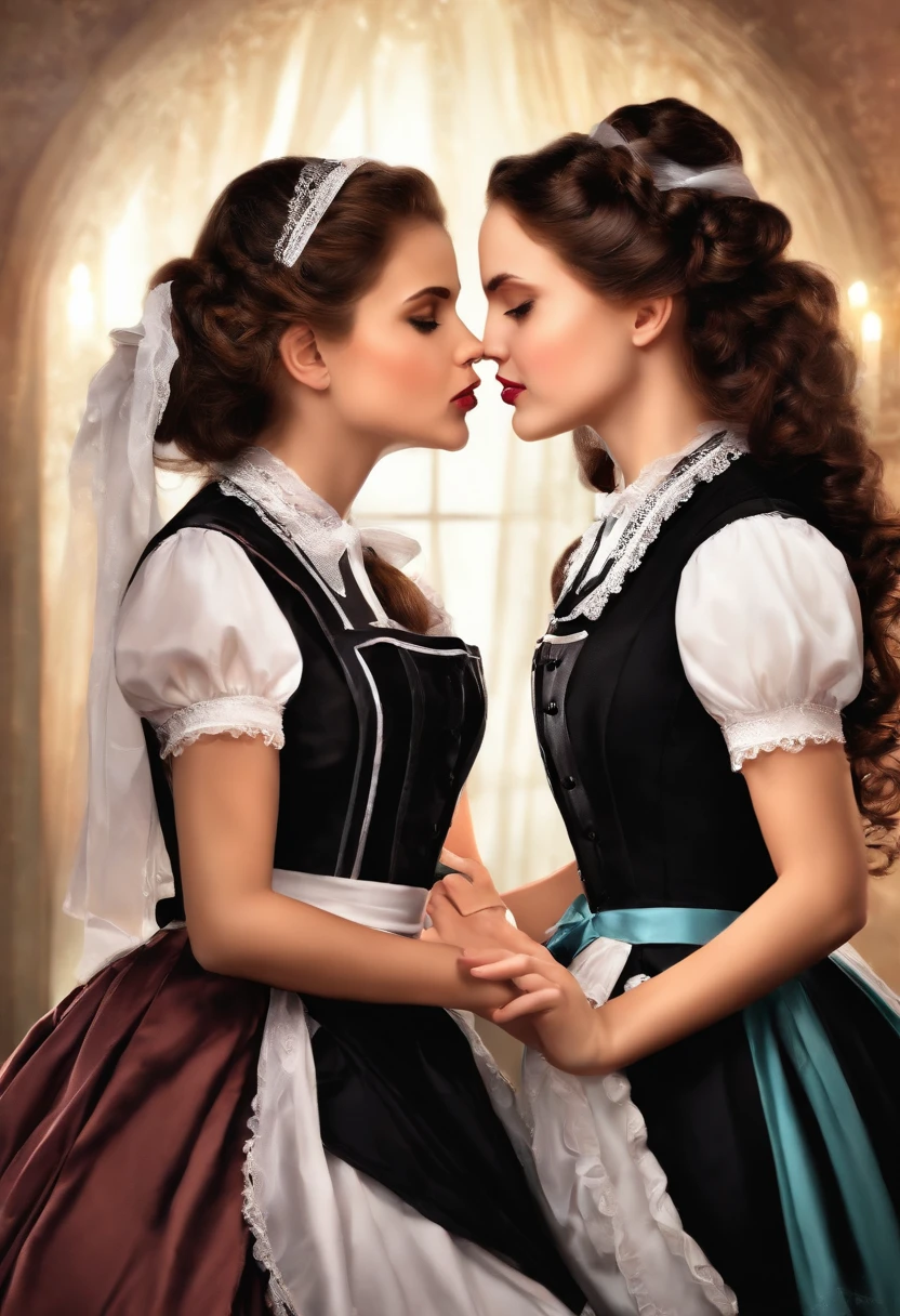 girls maid loving each other, passionately kiss, realistic