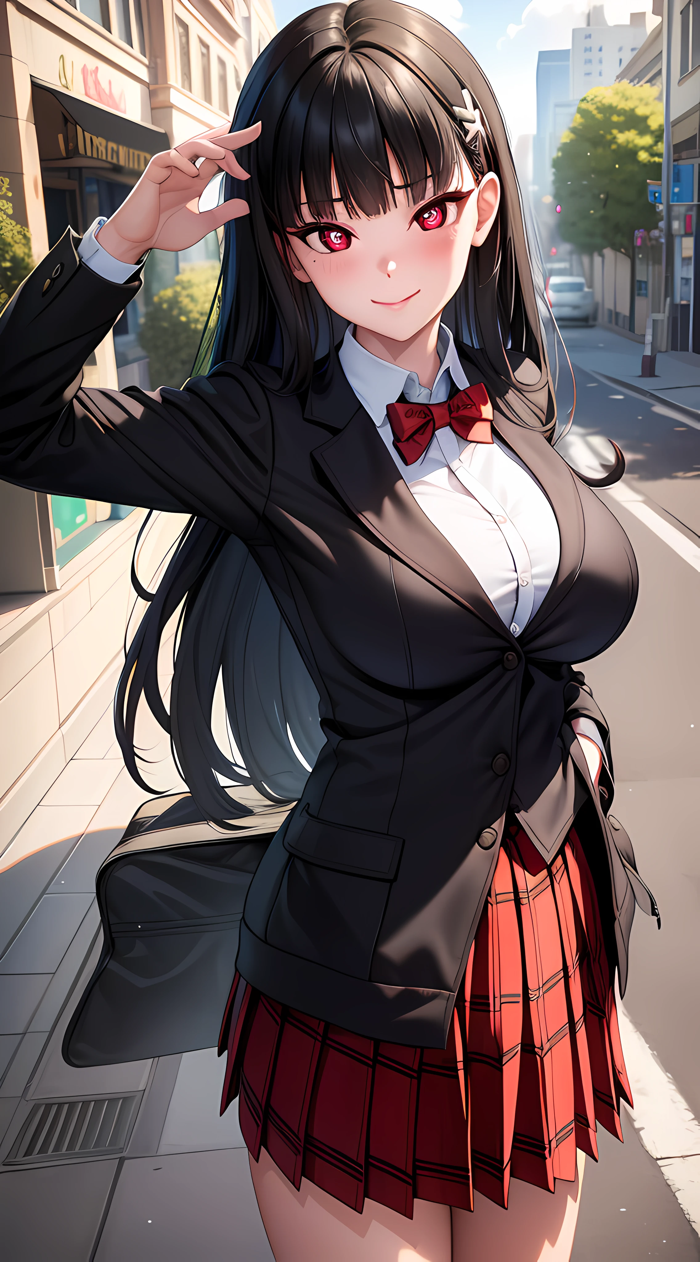 ((masterpiece, best quality, highres, UHD, perfect pixel, depth of field)), (smooth CG, photorealistic:1.1, realistic texture, detailed face), Rio, 1girl, medium breasts, seductive, busty, smile, natural light, cinematic, black hair, long hair, blunt bangs, (red eyes, beautiful pupils), (school uniform, cardigan, red bowtie, plaid skirt, black jacket, open jacket), street view, dynamic pose, pov, look at viewer, blushing