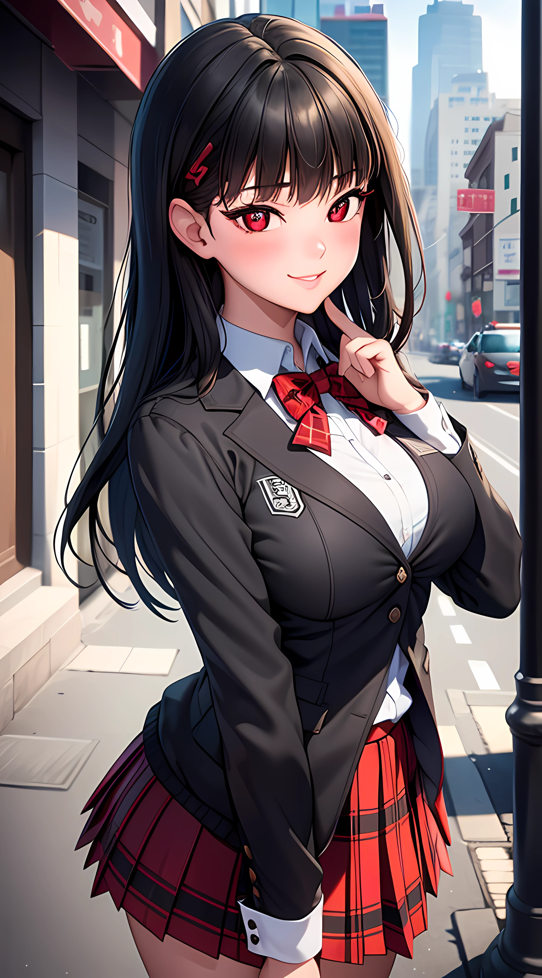 ((masterpiece, best quality, highres, UHD, perfect pixel, depth of field)), (smooth CG, photorealistic:1.1, realistic texture, detailed face), Rio, 1girl, medium breasts, seductive, busty, smile, natural light, cinematic, black hair, long hair, blunt bangs, (red eyes, beautiful pupils), (school uniform, cardigan, red bowtie, plaid skirt, black jacket), street view, dynamic pose, pov, look at viewer, blushing