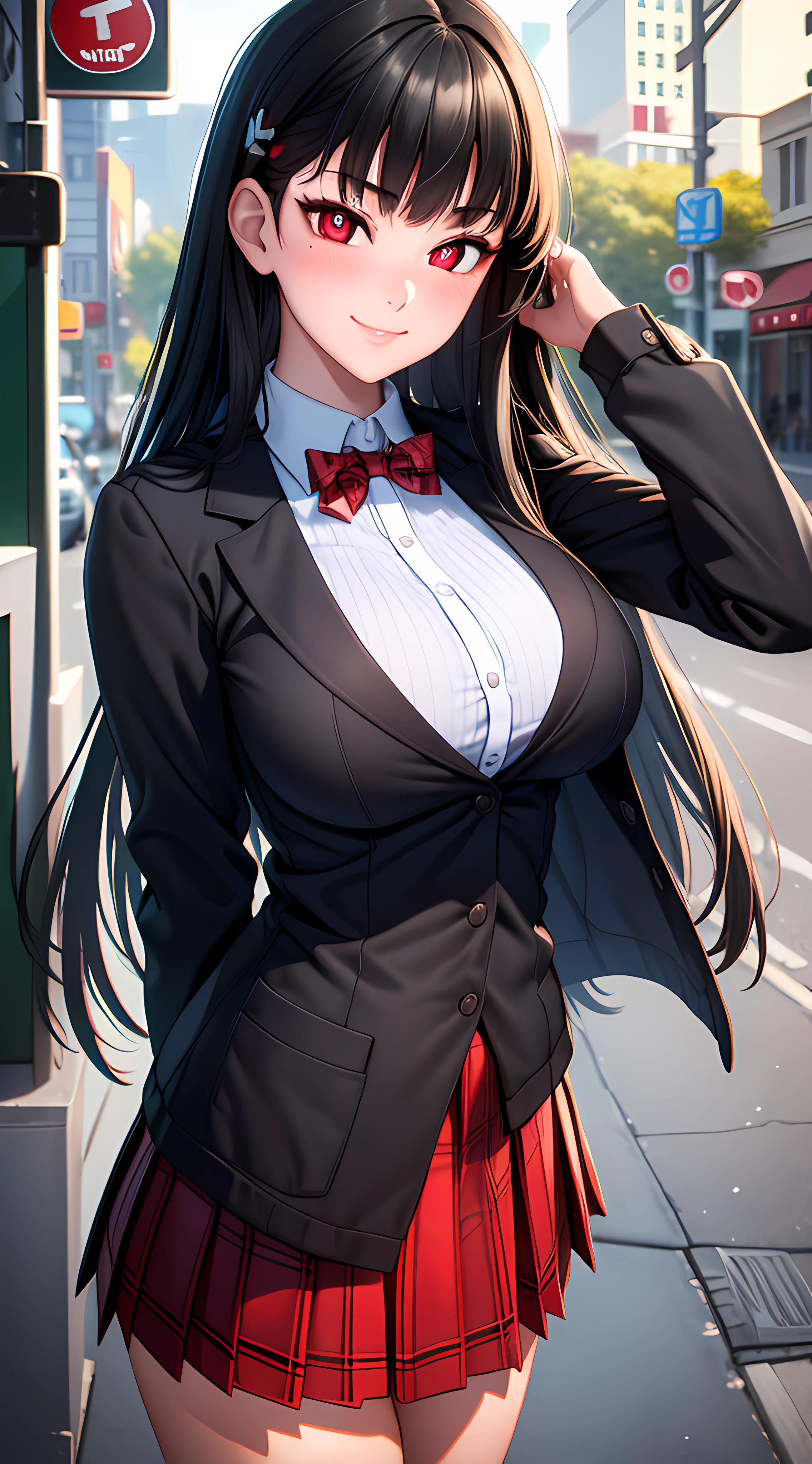 ((masterpiece, best quality, highres, UHD, perfect pixel, depth of field)), (smooth CG, photorealistic:1.1, realistic texture, detailed face), Rio, 1girl, medium breasts, seductive, busty, smile, natural light, cinematic, black hair, long hair, blunt bangs, (red eyes, beautiful pupils), (school uniform, cardigan, red bowtie, plaid skirt, black jacket), street view, dynamic pose, pov, look at viewer, blushing