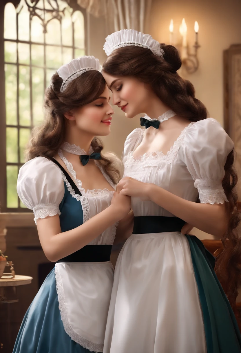 girls maid loving each other, about to kiss, realistic