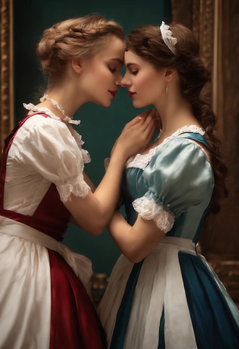 girls maid loving each other, passionately kiss, realistic