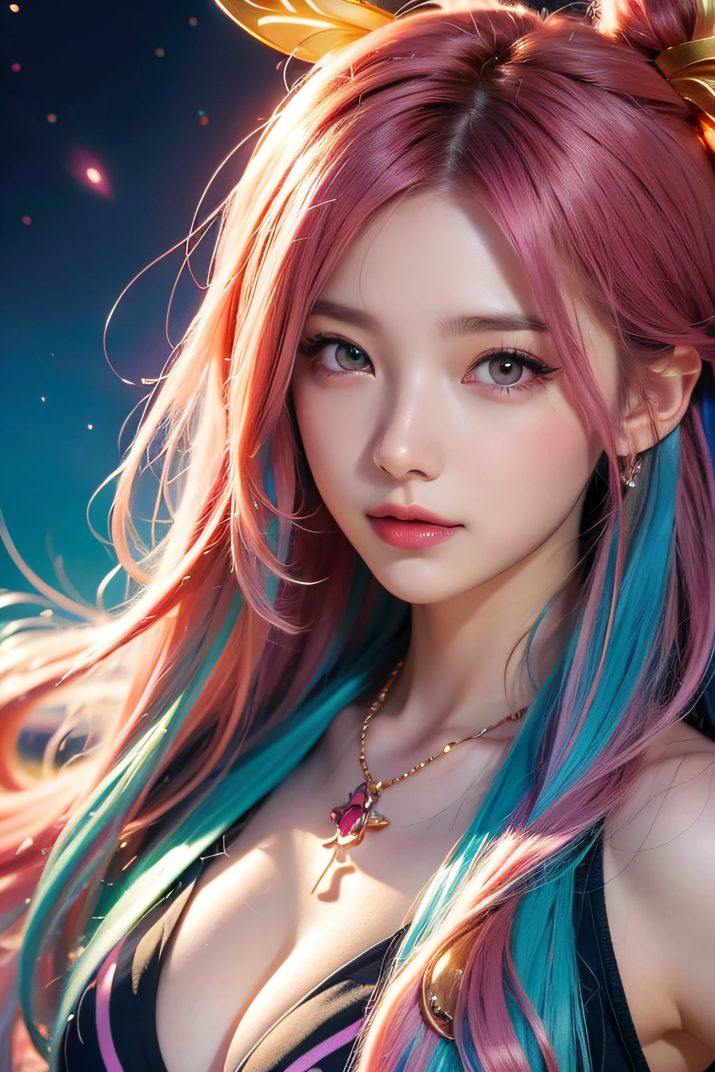 Close-up of a woman with colorful hair and necklace, anime girl with cosmic hair, Rossdraws soft vibrancy, Gouviz style artwork, Fantasy Art Style, Colorful], vibrant fantasy style, Rossdraws cartoon full of vitality, cosmic and colorful, guweiz, colorfull digital fantasy art, stunning art style, beautiful anime style, Glowing hair、Close-up of the face only