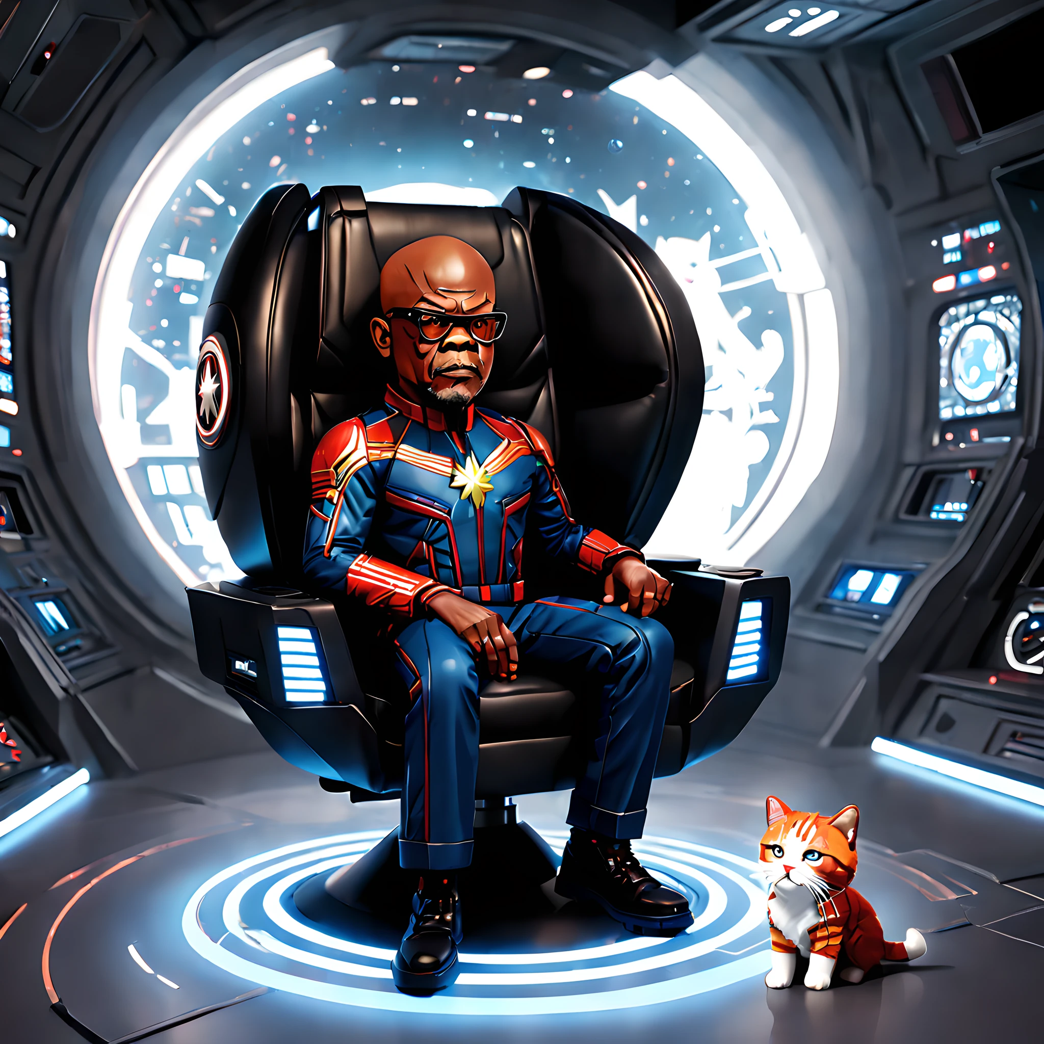 (Pixel art:1.5), (pixel theme:1.5), (chibi emote:1.5), (chibi character:1.5),(fantasy:1.5), (Inspiration from Captain Marvel:1.5), (Samuel L. Jackson sits in a futuric black chair, Holding a cat:1.5), (at avengers base:1.5),