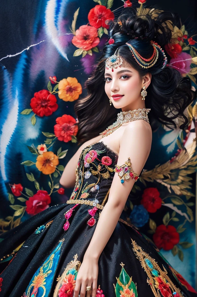 masterpiece, 4K, best quality, absurdres, beautiful girl wearing a silk couture dress embroidered with multicolored lace and precious stones, ornate flower background, smiling, (masterpiece, top quality, best quality, official art, beautiful and aesthetic:1.2), extreme detailed, colorful, highest detailed, (watercolour painting:1.3), optical mixing, playful patterns, lively texture, rich colors, unique visual effect, (masterpiece, top quality, official art), (light painting), (long exposure:1.2), dynamic streaks, extreme detailed, black paintings, red and black, candid moments captured, slumped, draped, hc_gown, a woman wearing a chic blue dress decorated with shiny jewels