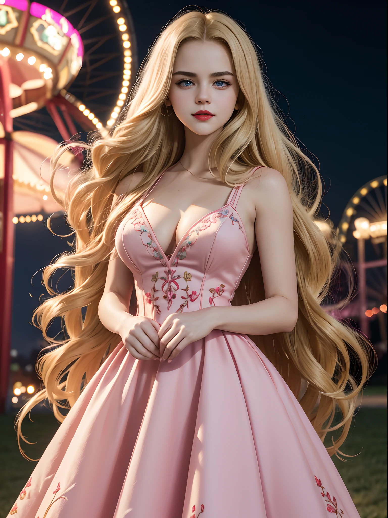 1girl ((( Selena Gomez:Emma Watson:0.7))) (Blue Eyes), smiling, wide hips, Big Boobs, big ass, (Best Quality, 8k, Masterpiece: 1.3), perfect hands, Clear Focus: 1.2, Perfect Body Beauty: 1.4 , Slender Abs: 1.2, Highly detailed face and skin texture, detailed eyes, double eyelids, red lips, (blonde long hair), wearing a little pink dress ((pink)) with some embroidery on it, beautiful dress,standing, dynamic pose, in an amusement park at night illuminated by the lights of the games, Colored lights, deep on field