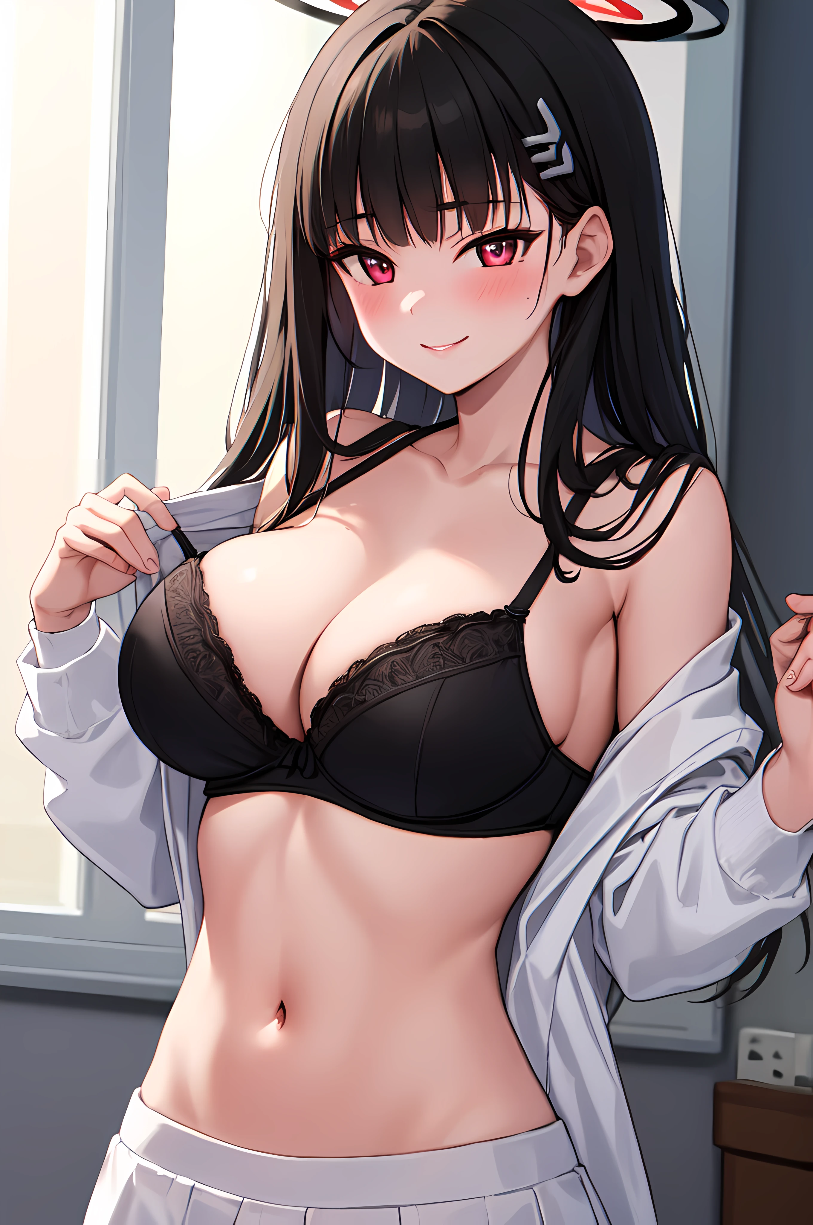 (best quality, masterpiece, ultra-detailed, perfect pixels), 1girl, rio, seductive, busty, perfect body, blunt bangs, long hair, halo, hair ornament, white sweater, long sleeves, close-up, nipslip, black bra, smile, steaming body, blush