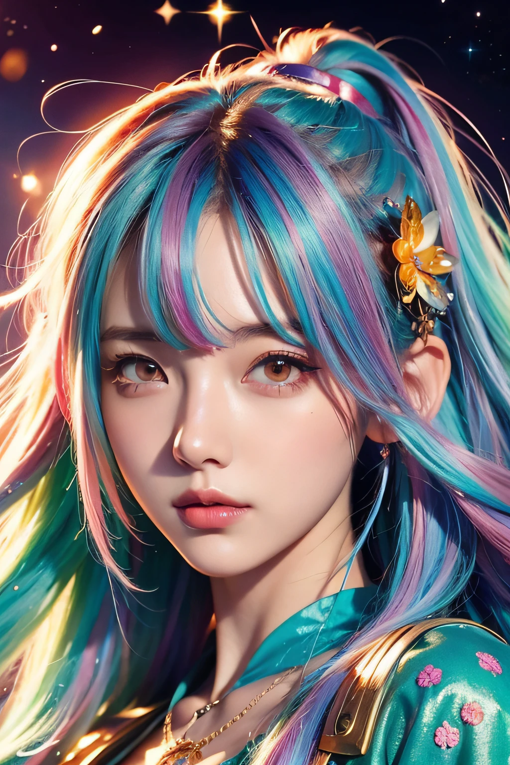 (((obra maestra))), Super detailed, Hatsune Miku, (flirtatious expression), Camisa kawaii, leggings ajustados, ((cara super linda y tierna)), ((cara angelical)), ((Incredibly beautiful eyes)), (ojos verdes luminosos), (cuerpo completo), (cabello luminoso), Super sexy hair, (cabello azul multicolor), (Delicate and perfect tricks), (Perfect anatomy), (Super delicate and sexy body), Small body, Dynamic pose, (Super Fine Face), Delicate features, ultra detalladas, mejor calidad, ((ulzzang)), Cinematic lighting, belleza cautivadora, mirada sexy, bonito fondo de estrellas