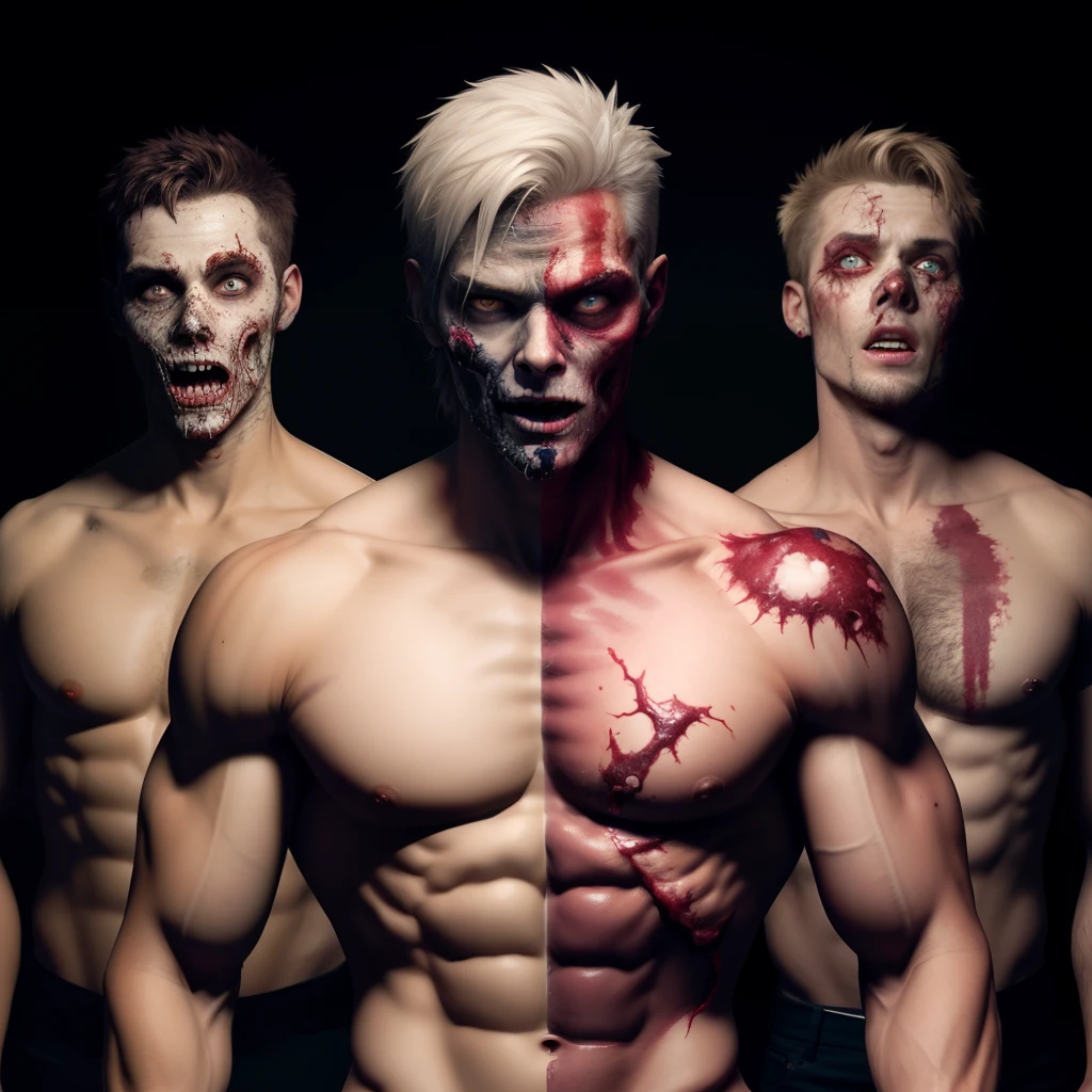 Male zombies，Both eyes should be completely white，People are tall and big，Eight-pack abs，Strong，There was a bite wound on his body