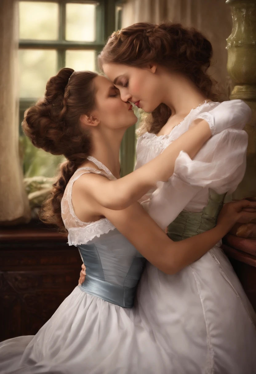girls maid loving each other, passionately kissing, feeling breasts, realistic