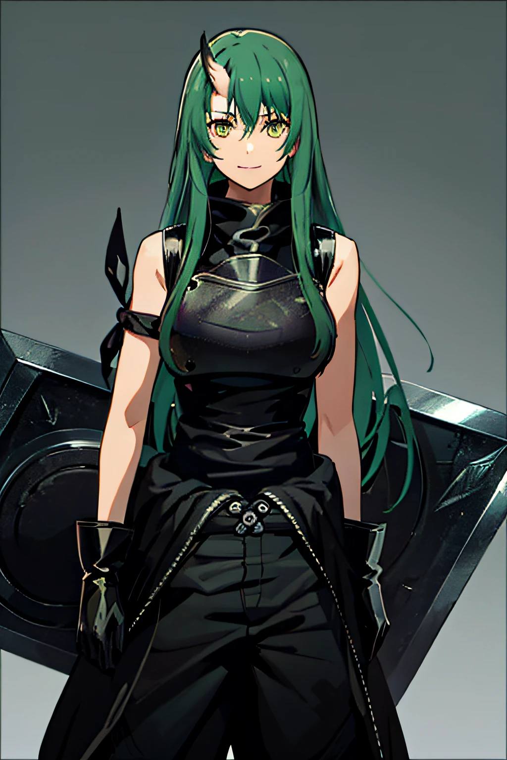 HOSHIGUMA-V1, gloves, shield, black gloves, breastplate, black shirt, arm ribbon, armor, pants, shirt, grey background, sitting, black pants, sleeveless, holding shield, clothes around waist, looking at viewer, simple background, jacket around waist, bare shoulders, ribbon, closed mouth, sleeveless shirt, 1girl, solo, facing viewer, looking at viewer, upper body, smile