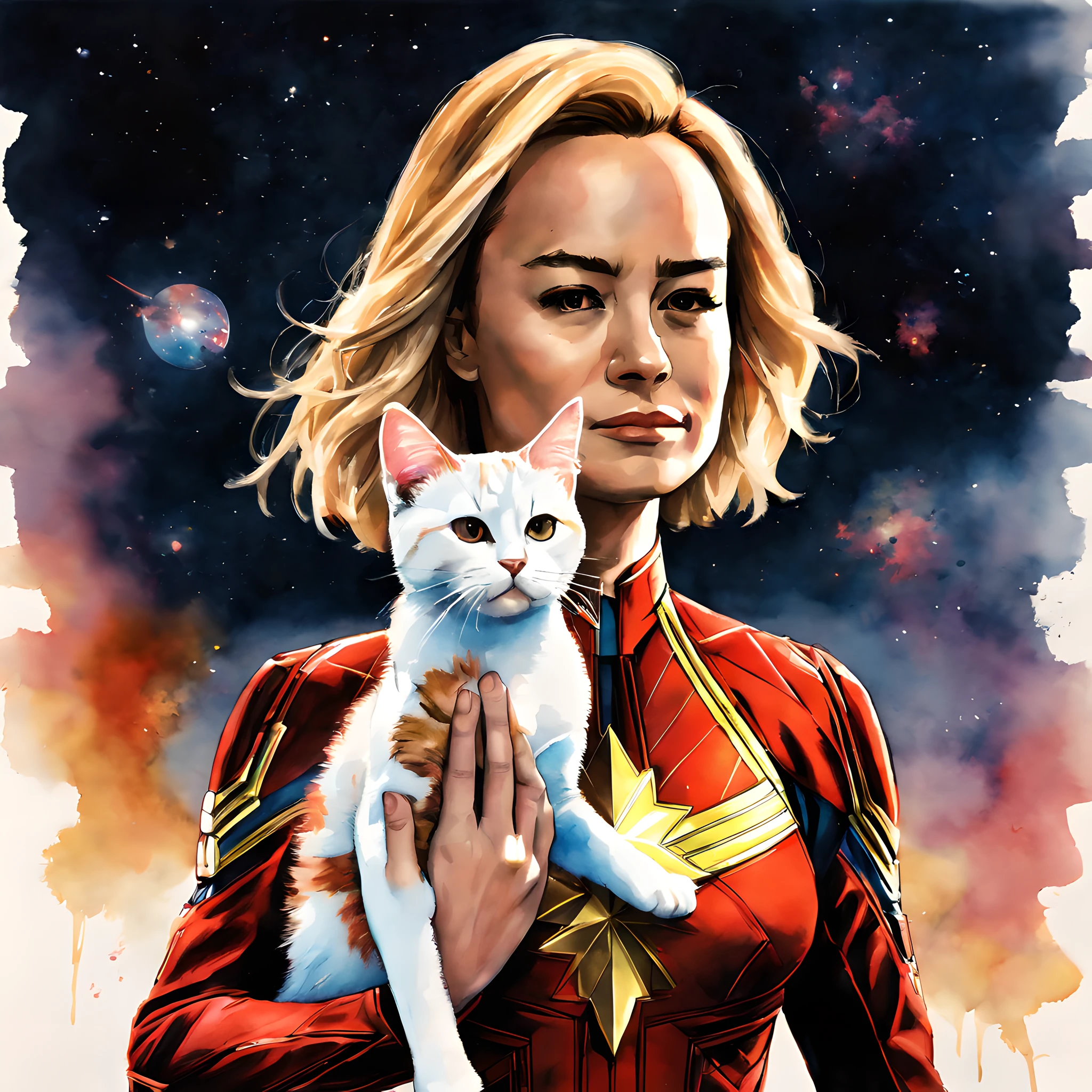 (Goose cat and Captain Marvel:1.5), (Marvel theme:1.5), (ink and watercolor painting:1.5), (Tasteful:1.5), (ink and watercolor painting:1.5), (full color:1.5), 8k, 4k, (landscapes:1.5), (standin at Universe:1.5), (captain marvel holding a cat:1.5),(universe:1.5), (space:1.5),