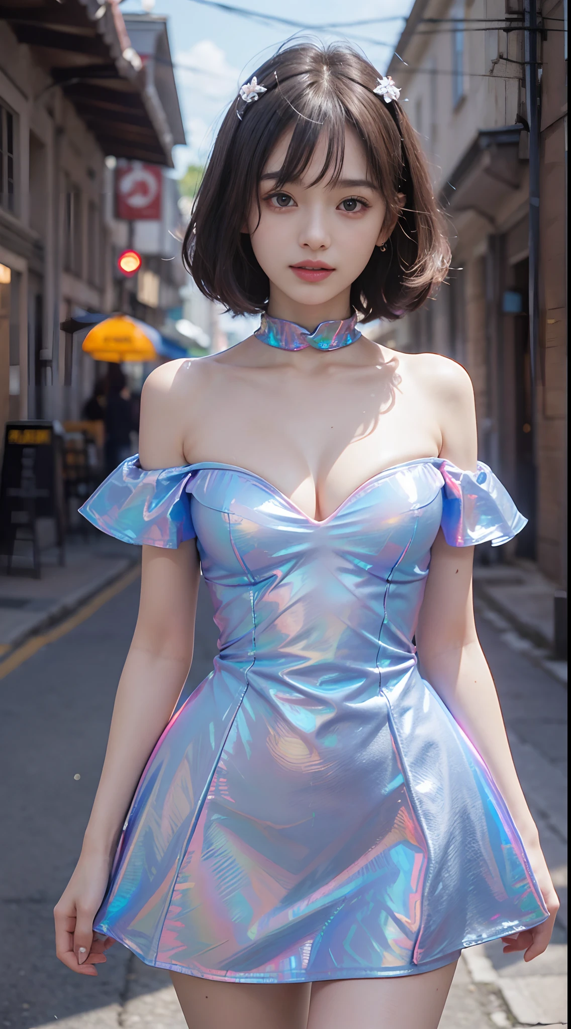 (Photorealcitic:1.4), (The highest image quality:1.0), (超High resolution A:1.0), 8K, Raw-Photo, (​masterpiece:0.2), (pureerosface_v1:0.5)、(Best Quality Detail:1.2)、realisitic、8K UHD、Hight Resolution、(1girll:1.2)、The ultra-detailliert、High quality textures、delicate detail、The Details、super detailed CG、High quality shadow、Detail : beautiful delicate face、Detail : beautiful delicate eyes、depth of fields, 1girll, beautiful skin, face the front, magic hour, (realisitic:1.3), finelydetail, (Photorealistic:1.2), (Best Quality), (intriciate detail), (very big bust:1.4), (Multiple hair colors, style of), (smaller face:1.3), (beautiful teeth,Sorrisos), (skin luster:1.5), 25yo female, (Blue sky and clouds), (Cute bangs), (Beautiful alleyways with many cafes in 2100), (Strapless Open Shoulder Hologram Latex Dress:1.5),