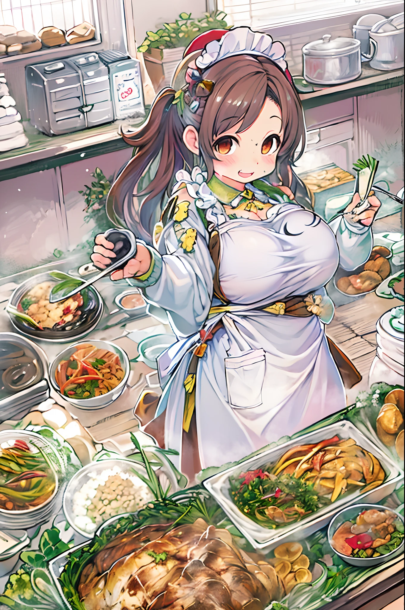 JPNIDOL, 1girl in, masutepiece, High quality, Looking at Viewer,bbw、huge-breasted、cuisine、Wearing an apron