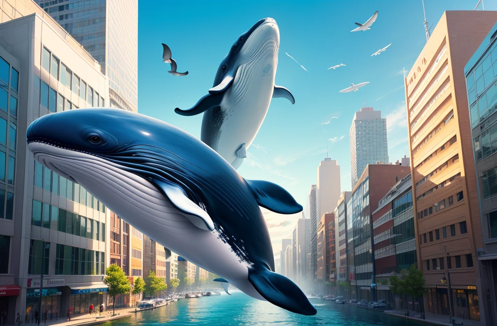 Whales flying in the sky、Urban landscape