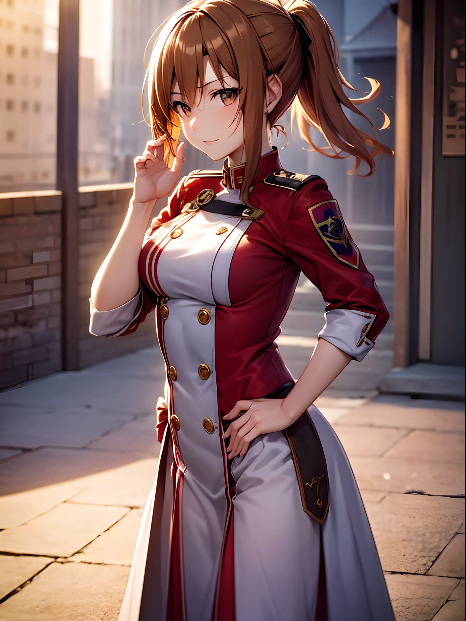 best pictures, masutepiece, ​masterpiece、super precision、High quality anime girl with brown hair and brown eyes、One hand on the hip、[3D images:1.25],[[Attractive eyes,A detailed eye、radiant eyes, Colorful eyes:1.25]]、the whole、front-facing view、Short ponytail, Brown hair、独奏、girl with,red and white uniform, 8k picture、Dress correctly、best pictures, masutepiece, Photorealistic, Soft light, Attractive eyes that make you feel sucked in、Cowboy Shot、Kawaii Girl