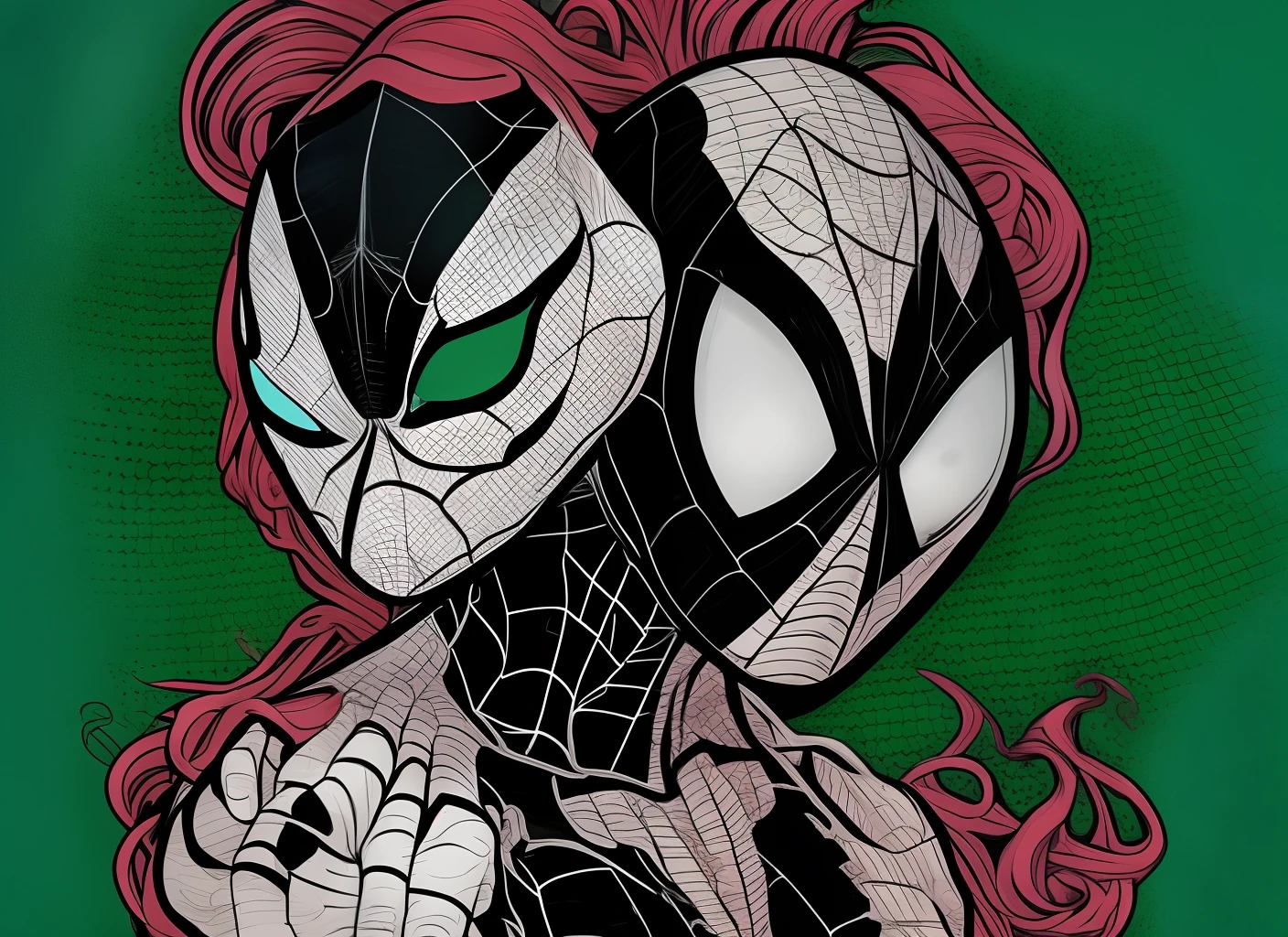 Marvel, spidersona, dark hair white woman, weightlifter, wrestler, septum piercing, green eyes,