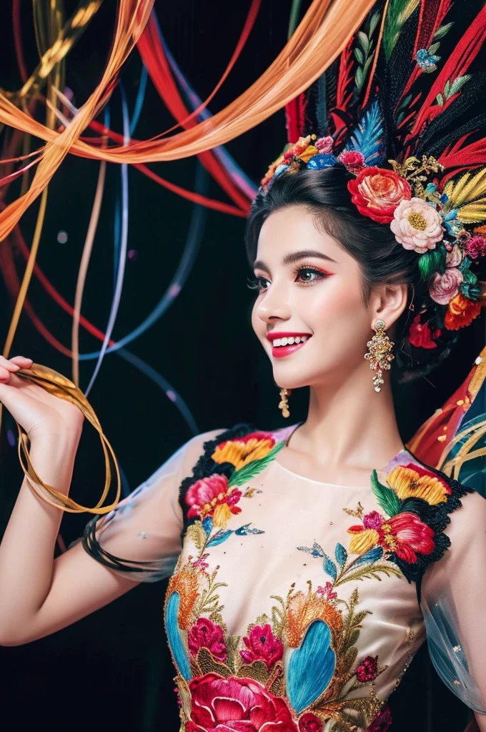 masterpiece, 4K, best quality, absurdres, beautiful girl wearing a silk couture dress embroidered with multicolored lace and precious stones, ornate flower background, smiling, elegant, (top quality, best quality, official art, beautiful and aesthetic:1.2), extreme detailed, colorful, highest detailed, (watercolour painting:1.3), optical mixing, playful patterns, lively texture, rich colors, unique visual effect, (light painting), dynamic streaks, extreme detailed, black paintings, red and black, candid moments captured, slumped