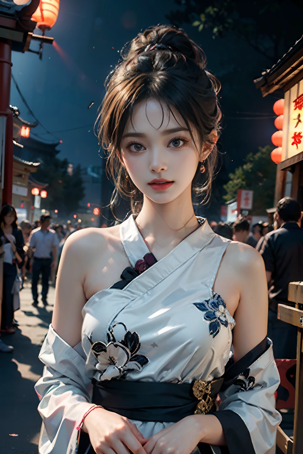 电影灯光，(((tmasterpiece))), ((best qualtiy)), ((intricate and detailed)), ((Ultra-realistic realism)), 4K,1beautiful woman, 25-years old, poneyTail,Ultra-fine yukata,美丽的面容,Beautiful brown eyes,face perfect,A slender,large full breasts,having a good time, Large fishbowl , Swirling flocks of goldfish, Floating goldfish, Graphic illustration, see fishes swimming,A lot of goldfish, amazing depth, Cutest, Lots of fish balls,Goldfish scooping at a summer festival, (The background is the summer festival of the shrine:1.4), Silver hair, split ponytail, star-shaped pupils, conceptual art, Art Nouveau, Glowing light, nffsw, Textured skin, masutepiece, Anatomically correct, Best Quality, 8K