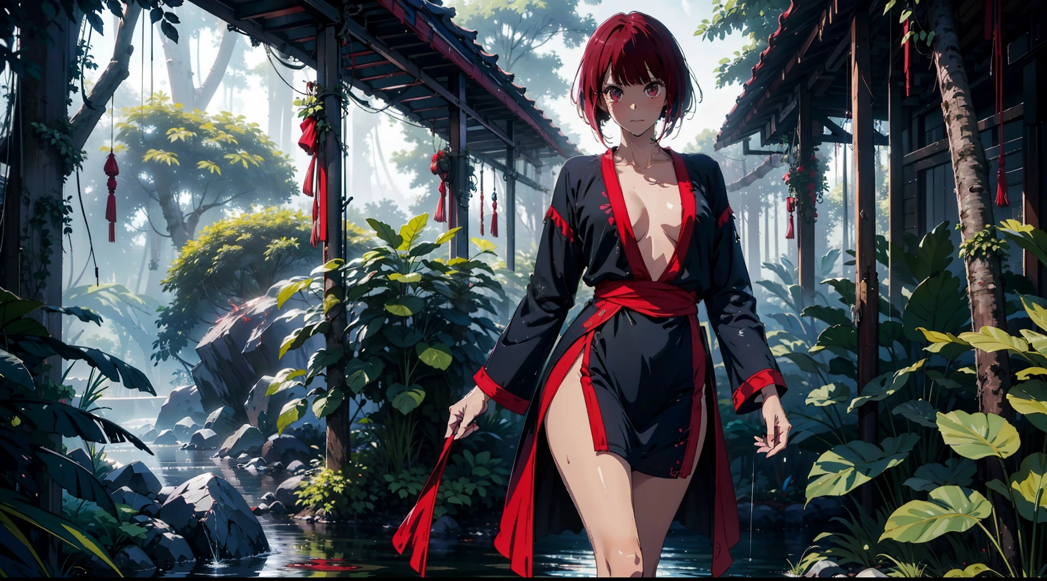 1female,,Slim,熟妇,medium cleavage breasts Thin waist,slenderlegs,Pornographic exposure, 独奏,Arima Kana, star pupils, (black bathrobe, stocking, red high heels), looking at viewer,(Background with:ln the forest,the rainforest,in summer,sexy pose,Sweat profusely,drenched all over the body,seen from the front, hair straight, mostly cloudy sky,(((tmasterpiece),(Very detailed CG unity 8K wallpaper),best qualtiy,cinmatic lighting,detailed back ground,beatiful detailed eyes,Bright pupils,(Very fine and beautiful),(Beautiful and detailed eye description),ultra - detailed,tmasterpiece,)),facing at camera,(Full body photo),Show shoes,A high resolution,ultra - detailed),revealing breasts, Bulge,legs are open,Raised sexy,Flushed complexion,Open-mouthed,frontage,full body,