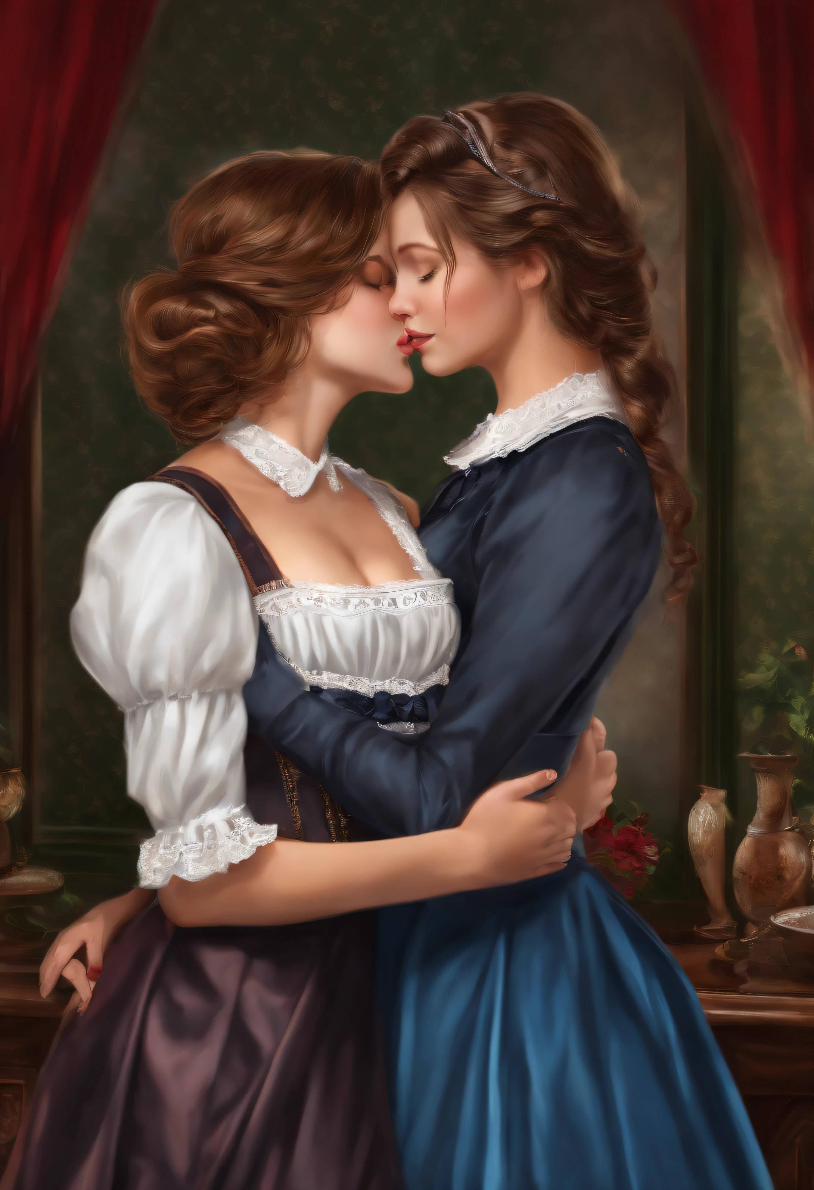 girls maid loving each other, passionately kissing, feeling breasts, realistic