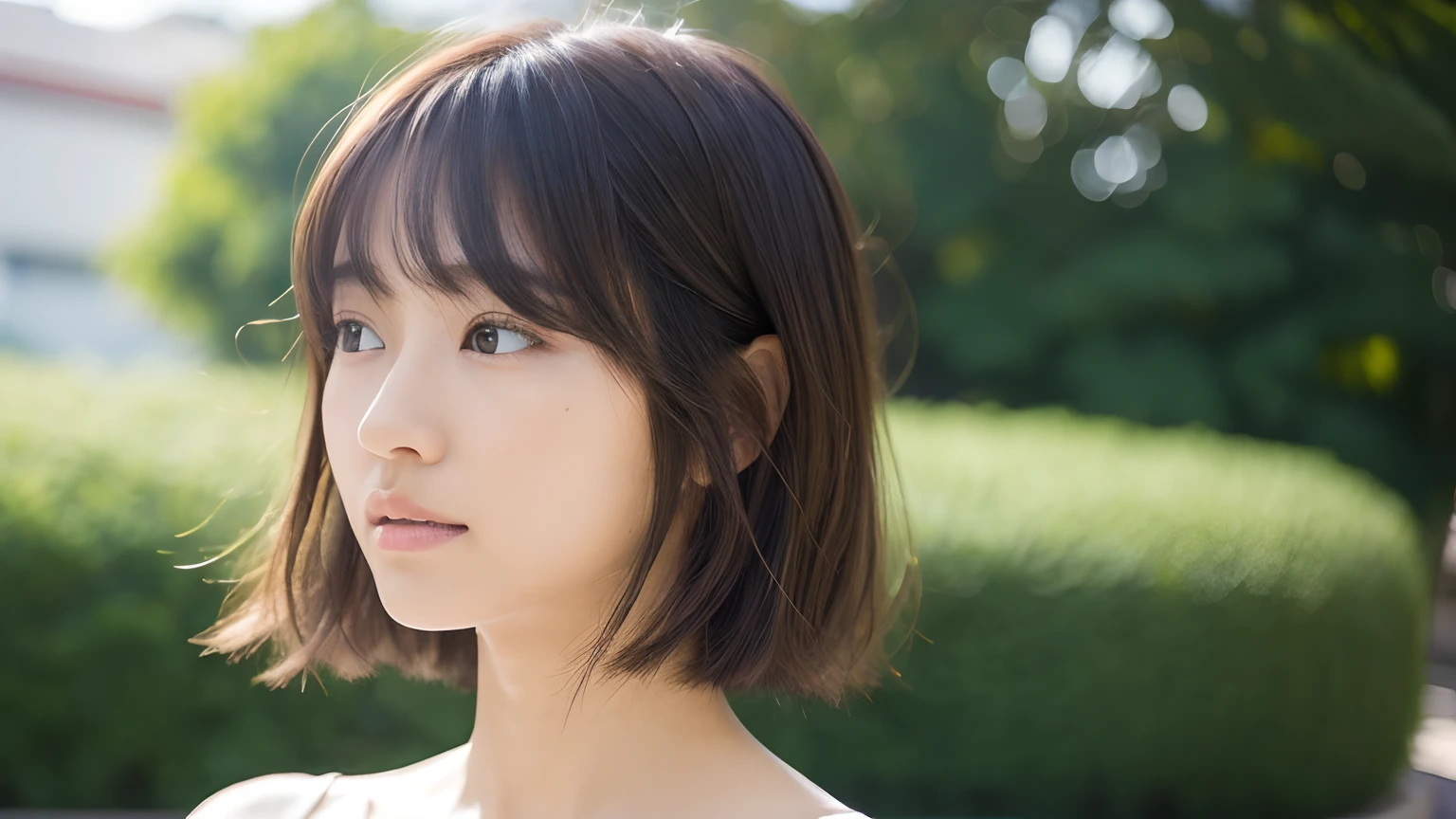 (top-quality、16K resolution)女の子1人、独奏、natural soft light、small tits、A Japanese Lady、Looking at the camera、Camisole、Concrete background、Facing the front、is standing、bobhair、Woman in her late teens、Light bangs、short-hair、Salon model、Natural look、portlate、floated hair、Rolled hair