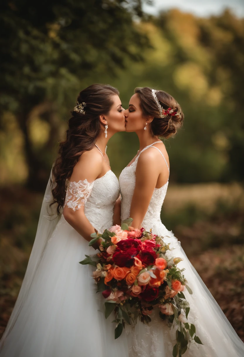 bride and bride's maid loving each other passionately kissing