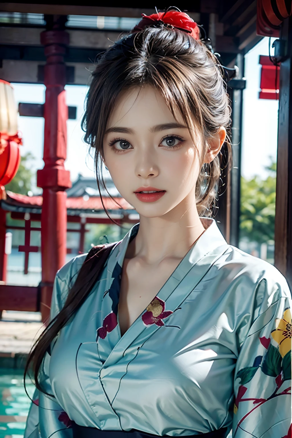 电影灯光，(((tmasterpiece))), ((best qualtiy)), ((intricate and detailed)), ((Ultra-realistic realism)), 4K,1beautiful woman, 25-years old, poneyTail,Ultra-fine yukata,美丽的面容,Beautiful brown eyes,face perfect,A slender,large full breasts,having a good time, Large fishbowl , Swirling flocks of goldfish, Floating goldfish, Graphic illustration, see fishes swimming,A lot of goldfish, amazing depth, Cutest, Lots of fish balls,Goldfish scooping at a summer festival, (The background is the summer festival of the shrine:1.4), Silver hair, split ponytail, star-shaped pupils, conceptual art, Art Nouveau, Glowing light, nffsw, Textured skin, masutepiece, Anatomically correct, Best Quality, 8K