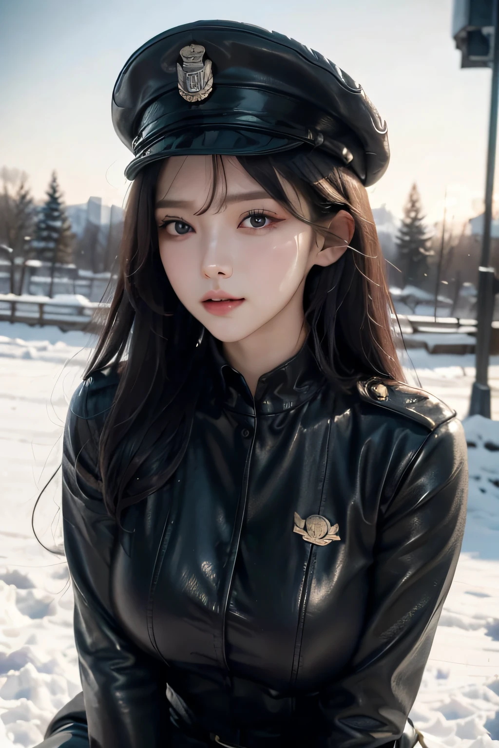 Beautiful ((simulating)) Reilitville poses (Dynamic pose) As a World War II dieselpunk officer, Black leather uniform,Wear a leather military hat, photo referenced, Highest quality, High quality, (Detailed face and eyes), dusk lighting,, heavy makeups, industry, outdoor snow forest background ((Close up))