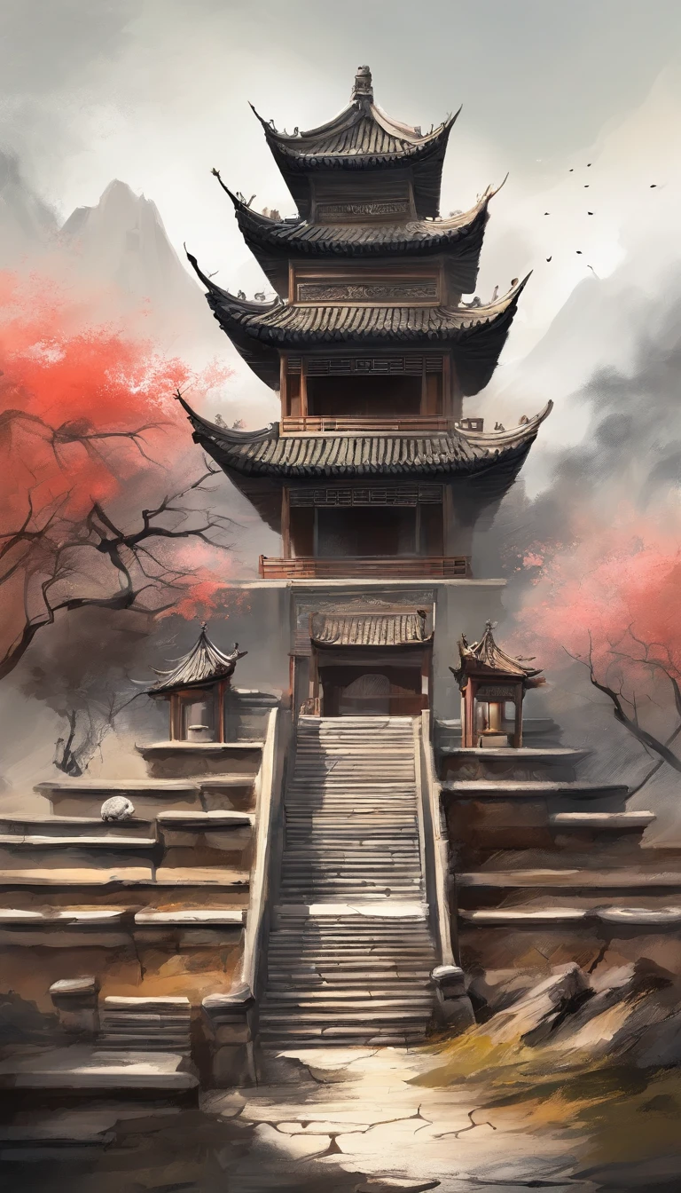 Quaint Han Dynasty style temple，（There was an ancient Chinese monk who sat and meditated（closeup cleavage）），（Meditate），zazen，age-old tree，falling leaf，（Chinese landscape painting style），（Pastel ink painting），（8k wallpaper），（light and shadow effect），rendering by octane，White balance design，Extremely detailed picture depiction，wide angles，depth of fields，tmasterpiece，realisticlying，Beautifully depicted，A detailed，acurate，Works of masters，tmasterpiece