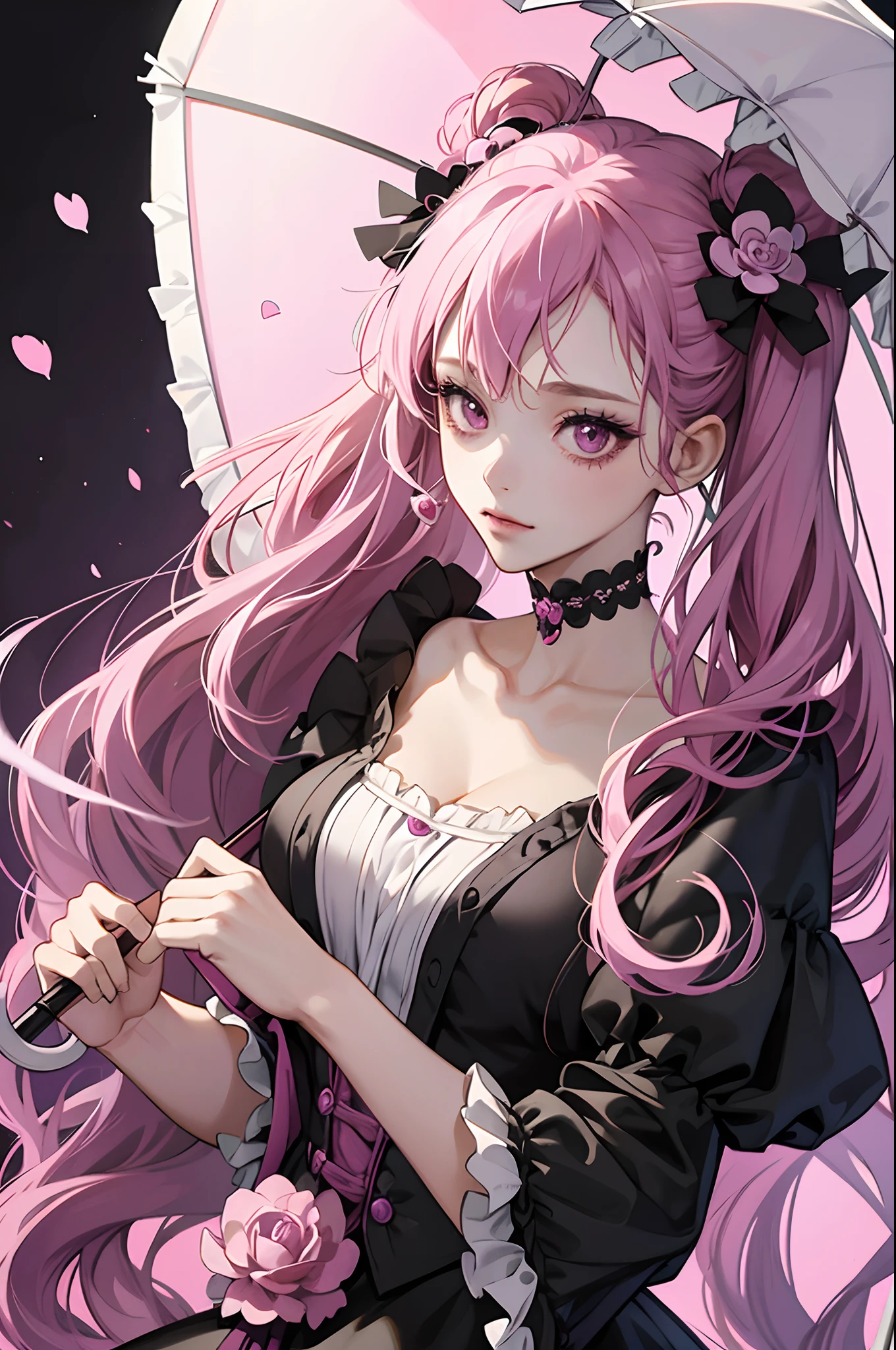 one piece ghost princess perona, ghost and sakura aura, holding a cute umbrella, black pink gothic outfit, hair tied into two curly pigtails with black and white flower hairpins, perfect body shape, wearing black top hat with ribbon, masterpieces, light make up, ghost effect